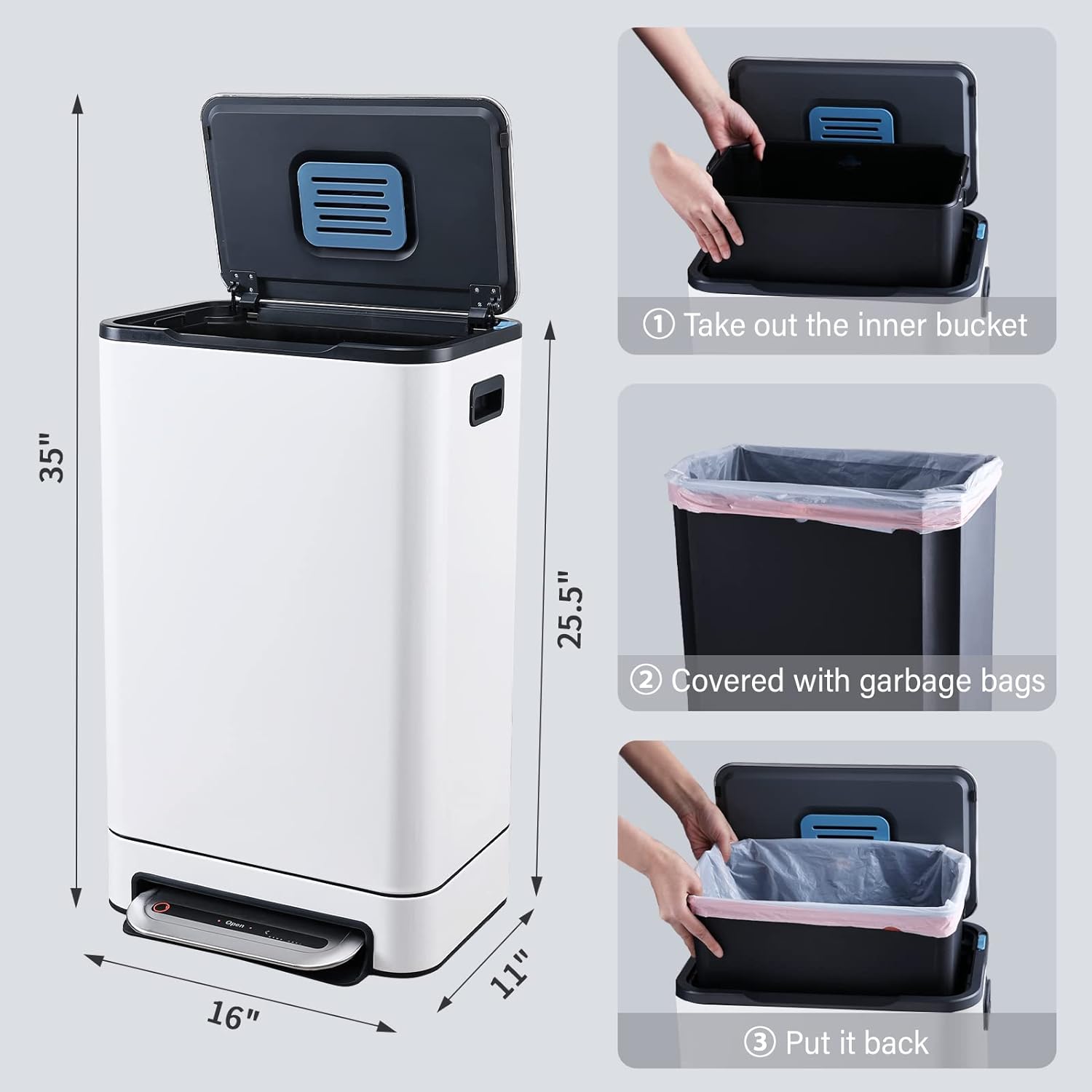 YiSHOP Kitchen Trash Can 13.2 Gallon Stainless Steel Garbage Bin with Soft Slow Lid, 50 Liter Pedal Trash Can, Durable Pedal, Removable Plastic Inner Bucket Waste Bin for Office, Kitchen, White