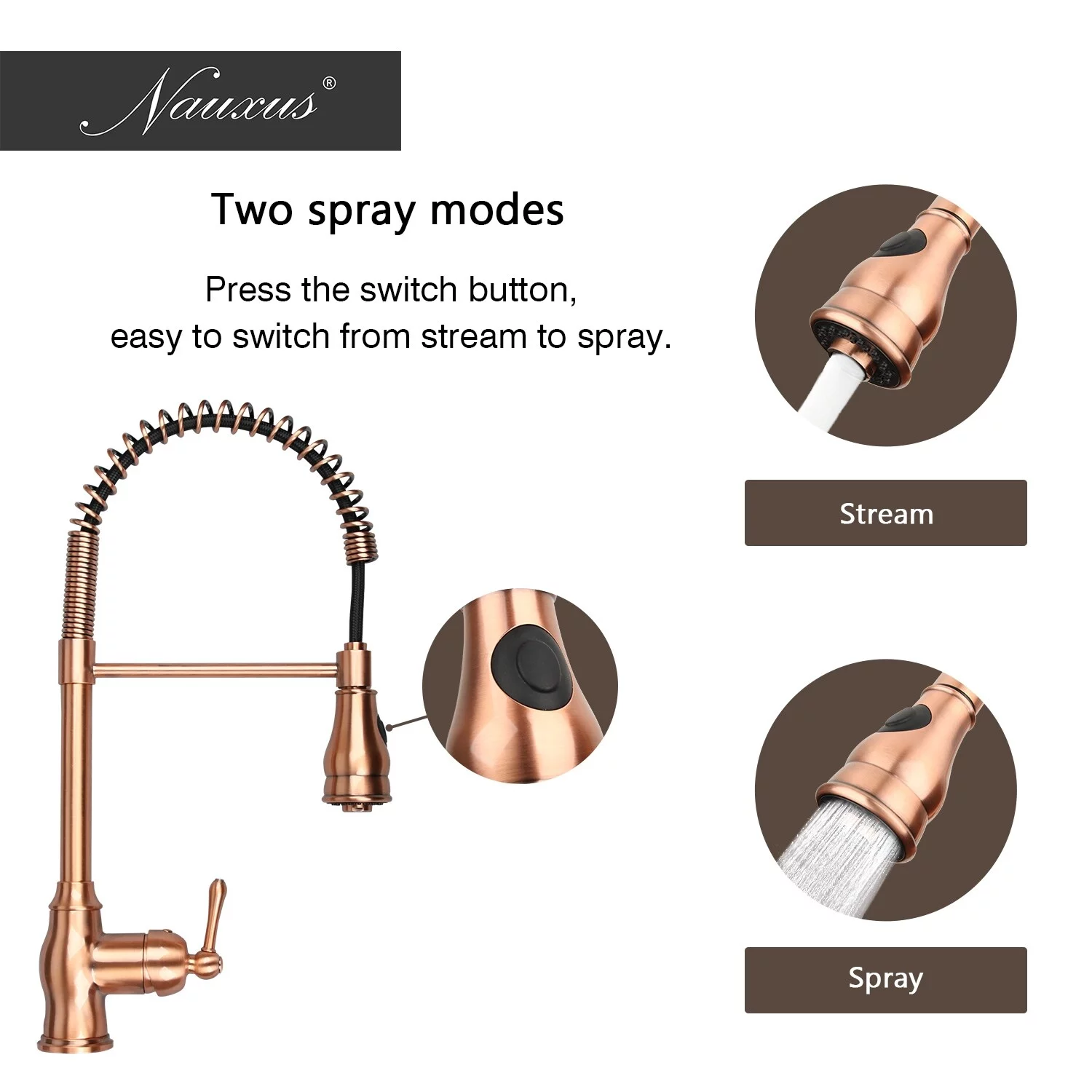 Copper Pre-Rinse Spring Kitchen Faucet, Single Level Solid Brass Kitchen Sink Faucets with Pull Down Sprayer - 8.8x20.9