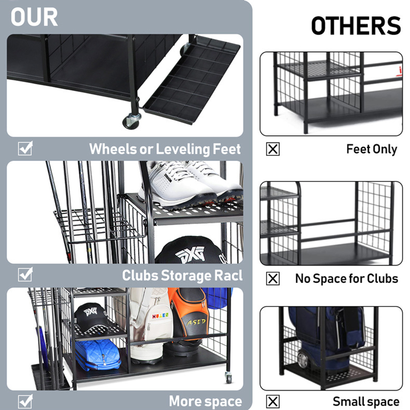 Golf Bag Organizer Garage Storage, Golf Bag Rack Fits Two Golf Bags and Golf Equipment Accessories, Golf Stand with Fixed Base and Movable Wheels for Garage, Basement and Entrance