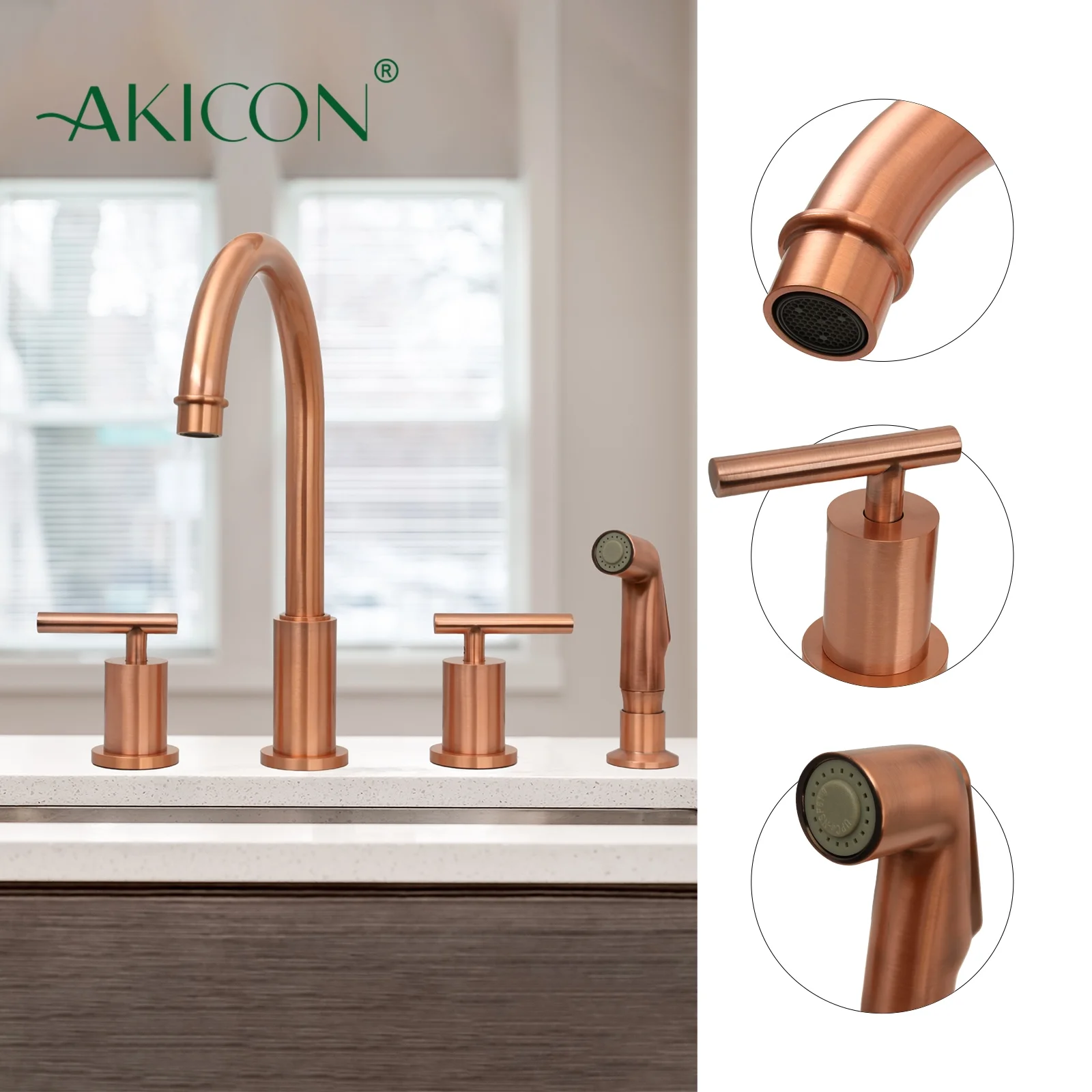 Akicon Two-Handles Copper Widespread Kitchen Faucet with Side Spray - 12.5