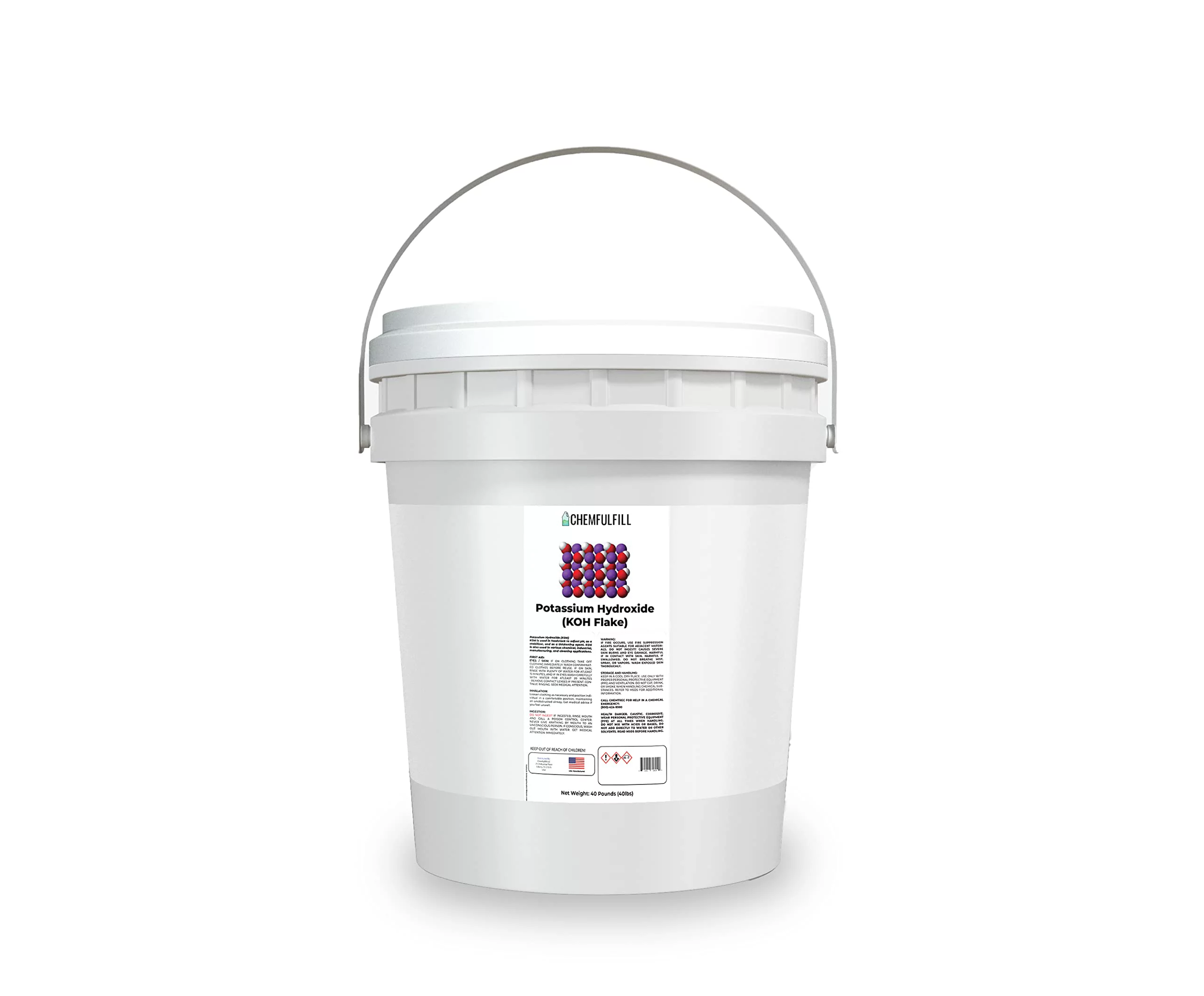Chemfulfill Potassium Hydroxide � High Purity Caustic Potash (KOH) (40 Pound Bucket (40 lbs))