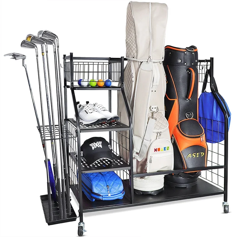 Golf Bag Organizer Garage Storage, Golf Bag Rack Fits Two Golf Bags and Golf Equipment Accessories, Golf Stand with Fixed Base and Movable Wheels for Garage, Basement and Entrance