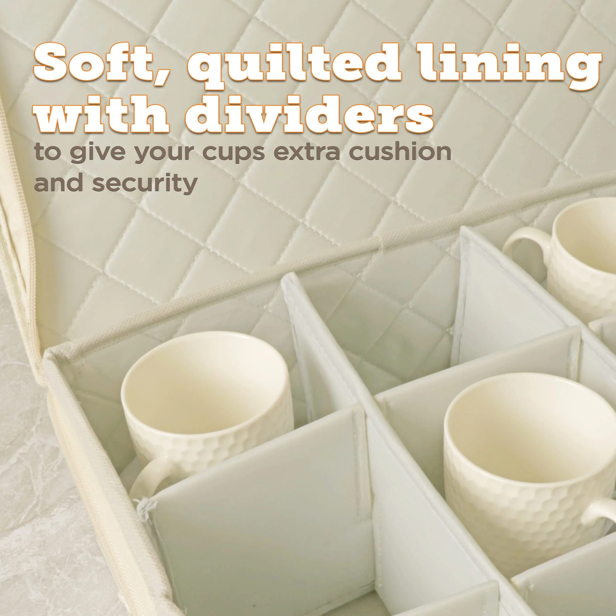 storageLAB Cup and Mug Storage Containers for Kitchen Organization - Quilted, Hard Case Stackable Storage Bin with Dividers, Double Zippers, & Label Windows - Holds 12 Coffee Mugs & Tea Cups - Cream