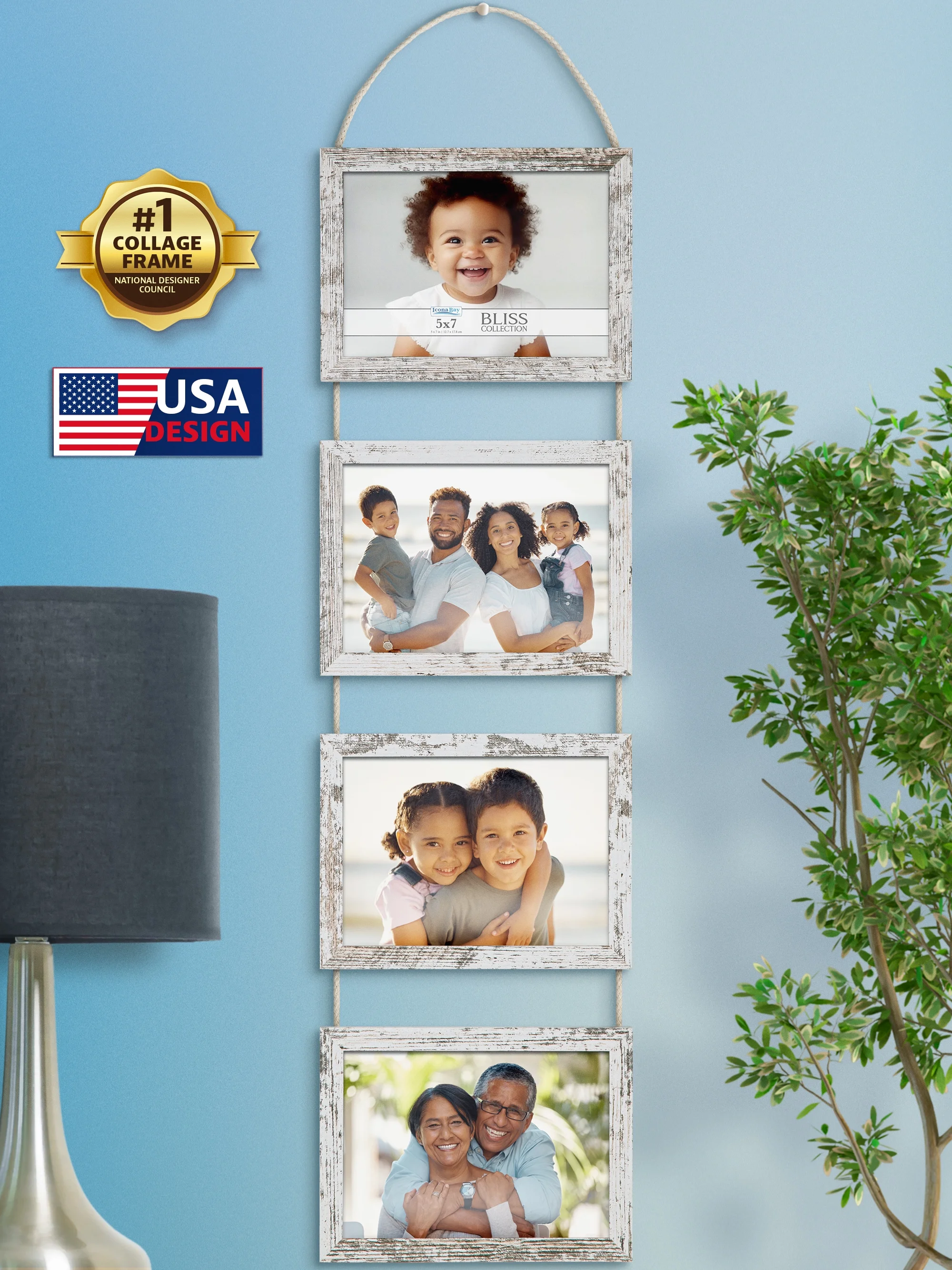Icona Bay 5x7 Hanging Picture Frames, 4 Distressed White Composite Wood Photo Frames, 1 PK, Bliss Collage Frames