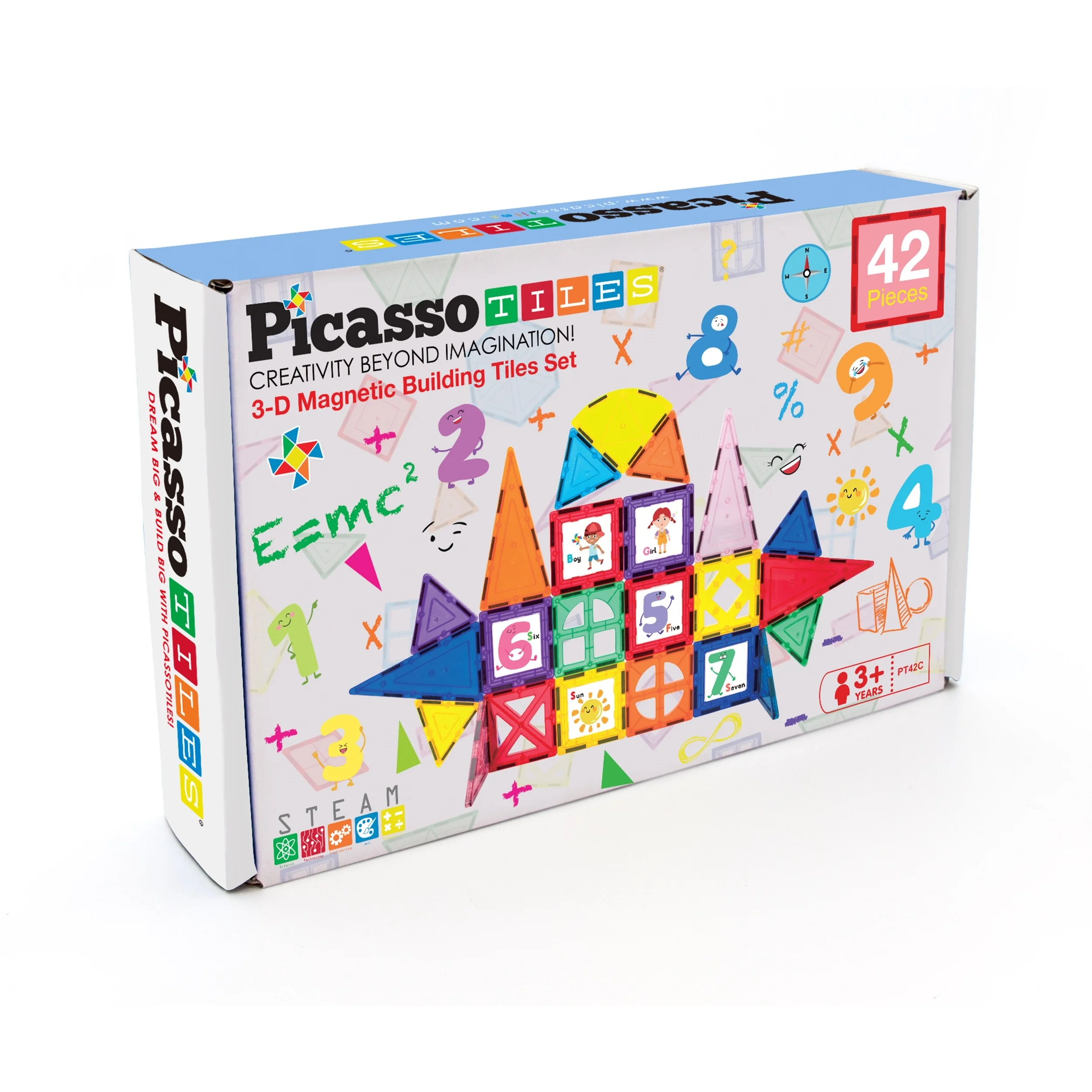 PicassoTiles 42 Pieces Magnetic Building Blocks Set with 10 Click-in Graphic Art Playset