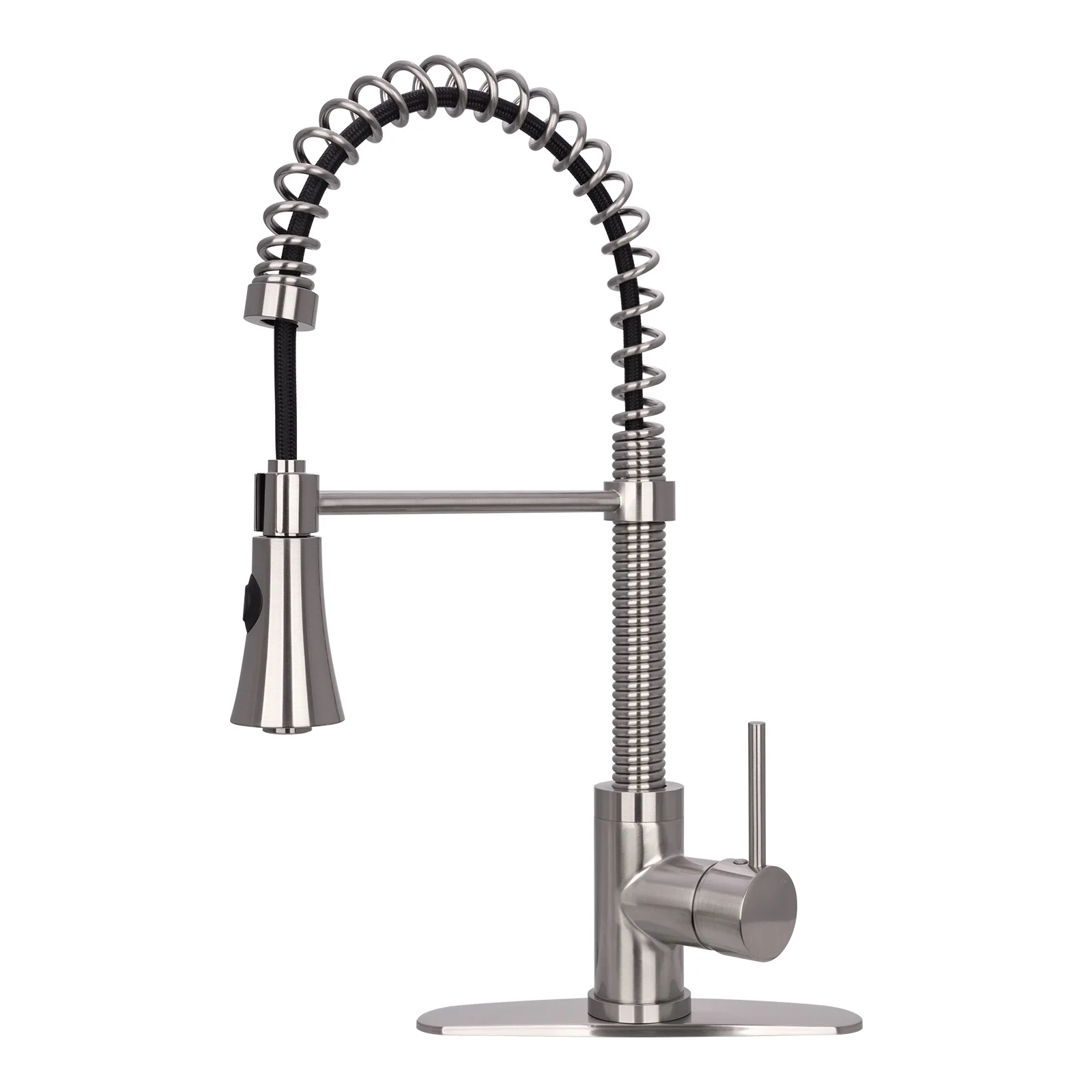 Akicon Pre-Rinse Spring Kitchen Faucet , Single Handle Solid Brass High Arc Pull Down Sprayer Head Kitchen Sink Faucet with Deck Plate - Brushed Nickel