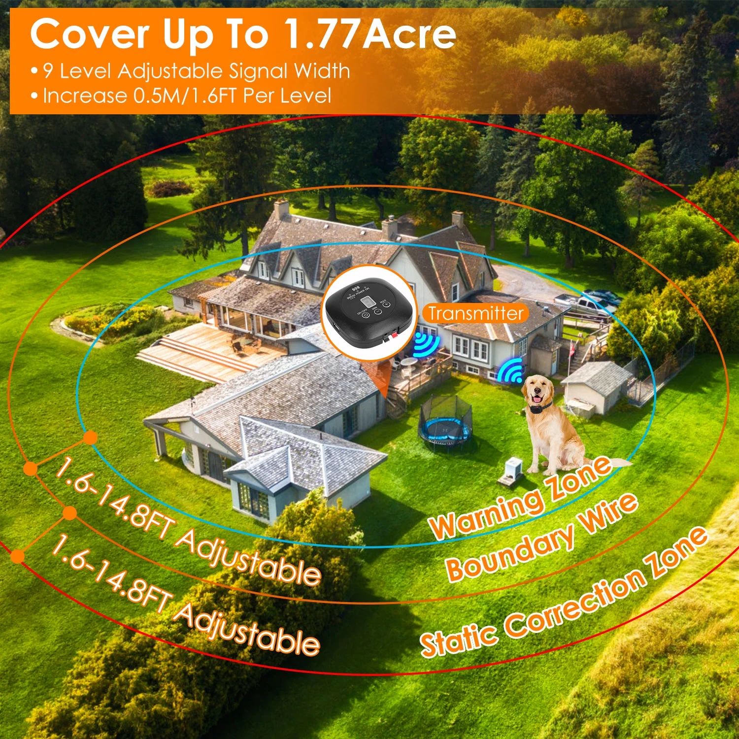 iMounTEK Electric Dog Fence System Pet Containment System with 9 Adjustable Levels IPX8 Waterproof Rechargeable Dog Training Collar for Small Medium Large Dogs, 1 Transmitter 1 Receiver