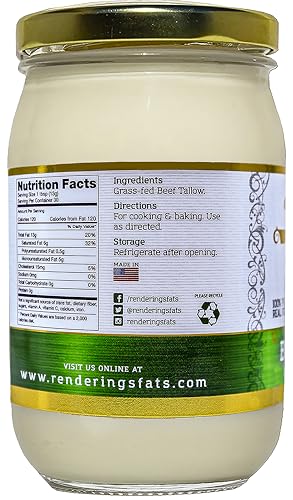 Renderings Beef Tallow, 100% Grass-Fed & Finished, Cooking, Baking and Frying, 14 oz jar