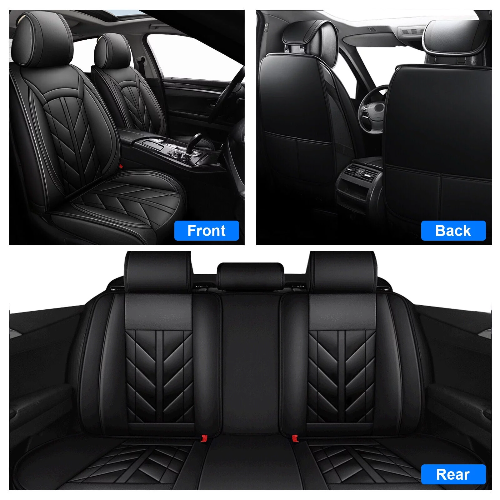 Car Seat Cover for Chevrolet, Waterproof 5 Seats Front Rear Seat Protector, Durable Pu Leather Full Set  for Cruze/ Impala/ Malibu/ Tracker Balck