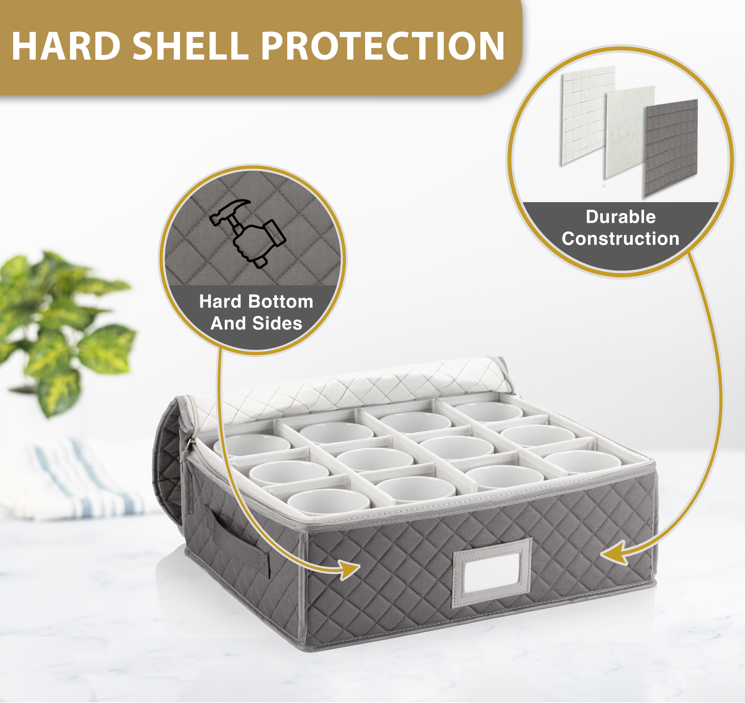 China Cup Storage Chest - Quilted Fabric Container in Gray Measuring 16