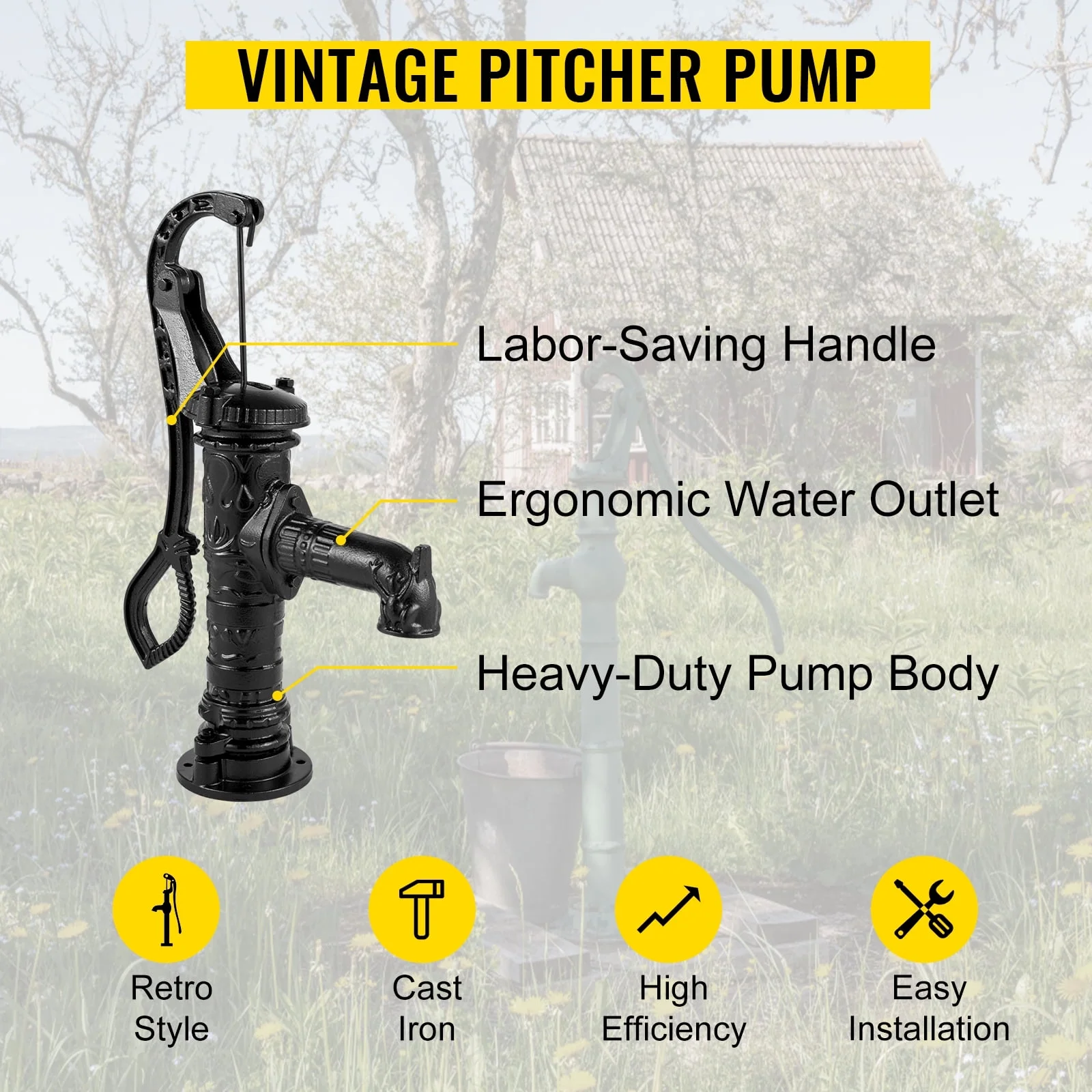 BENTISM Antique Hand Water Pump Pitcher Pump Cast Iron for Yard Ponds Garden Black