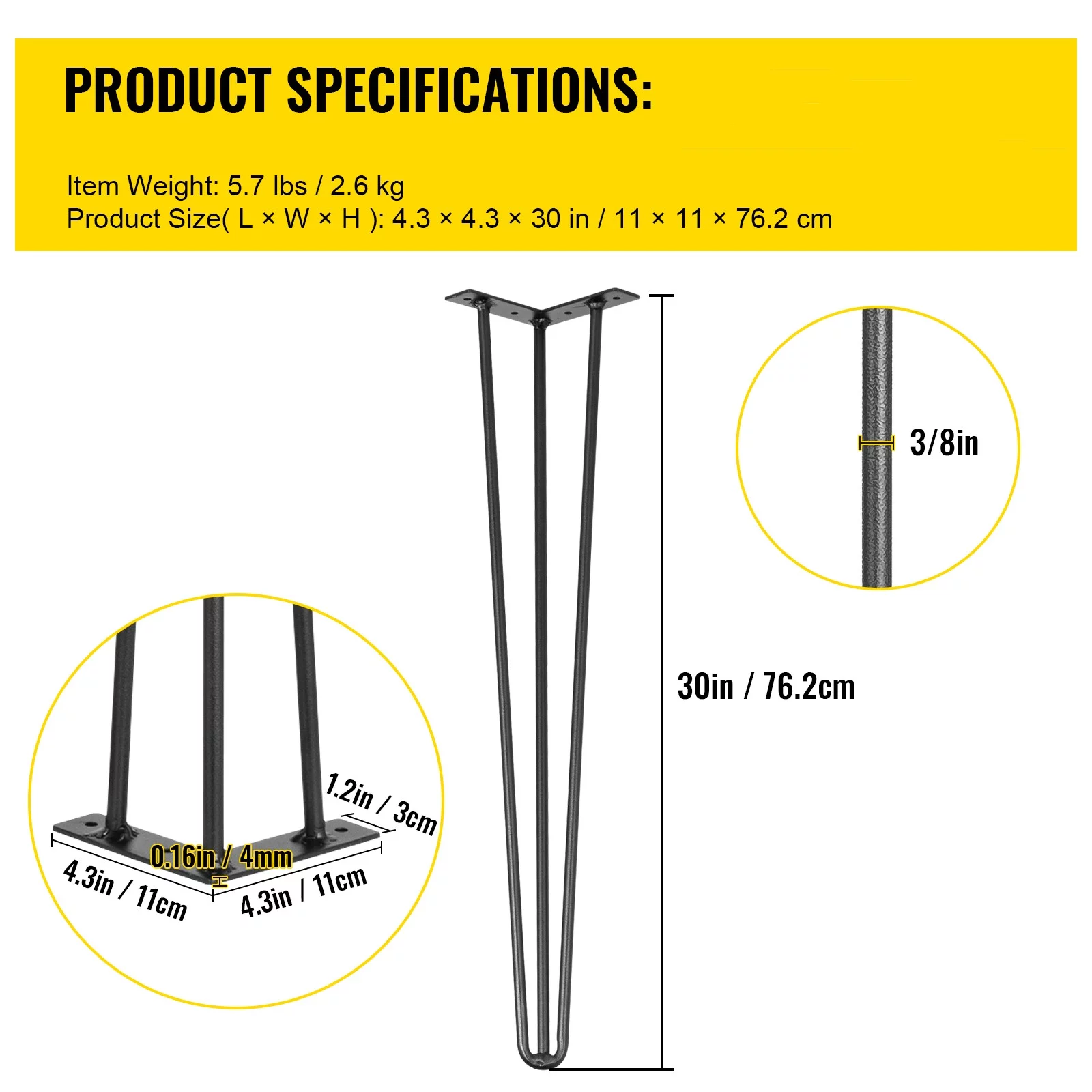 BENTISM Hairpin Table Legs 30 inch, Set of 4 DIY Desk Table Legs 3 Rods Heavy Duty