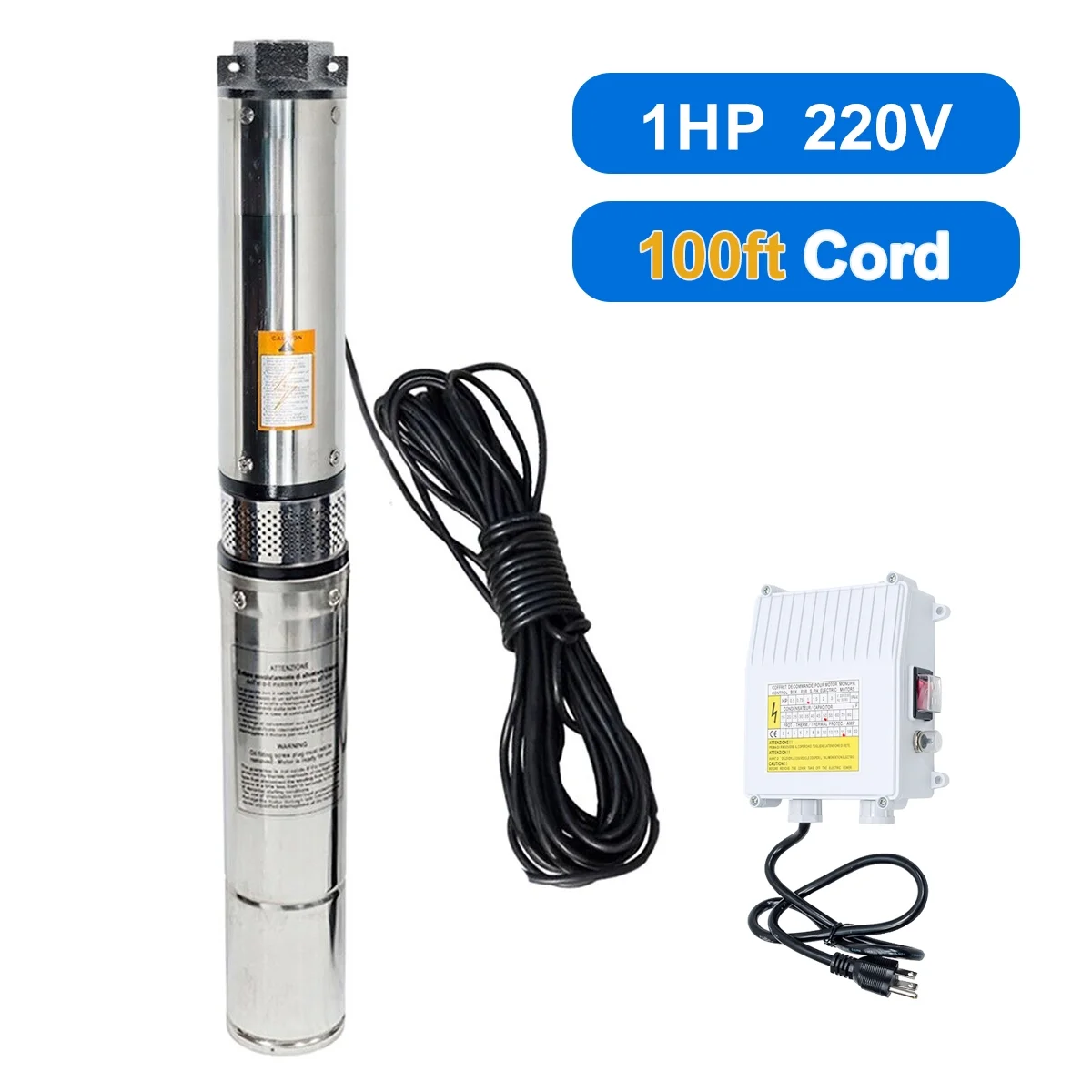 iMeshbean Deep Submersible Well Pump 1HP 220V,207ft Head 33GPM with 100ft Cord,Submersible Well Pump 4