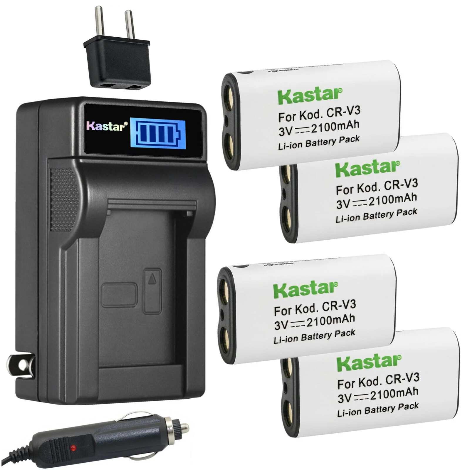 Kastar 4-Pack CR-V3 Battery and LCD AC Charger Compatible with Sanyo Xacti DSC-AZ1, Xacti DSC-R1, Xacti DSC-S1, Xacti DSC-S3, Xacti DSC-S4, Xacti DSC-S5, Xacti DSC-SX150, Xacti DSC-SX1Z Camera