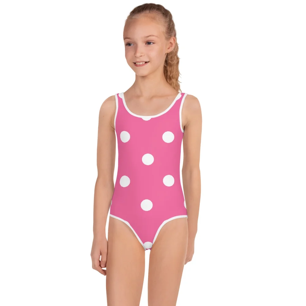 Brilliant Rose Pink with White Polka Dots Kids Swimsuit , Swimwear for Girls (6X)