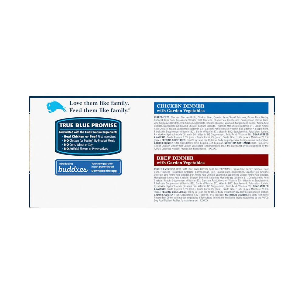 Blue Buffalo Homestyle Recipe Chicken and Beef Pate Adult Wet Dog Food Variety pk., Whole Grain, 12.5 oz. Cans (6 Pack)