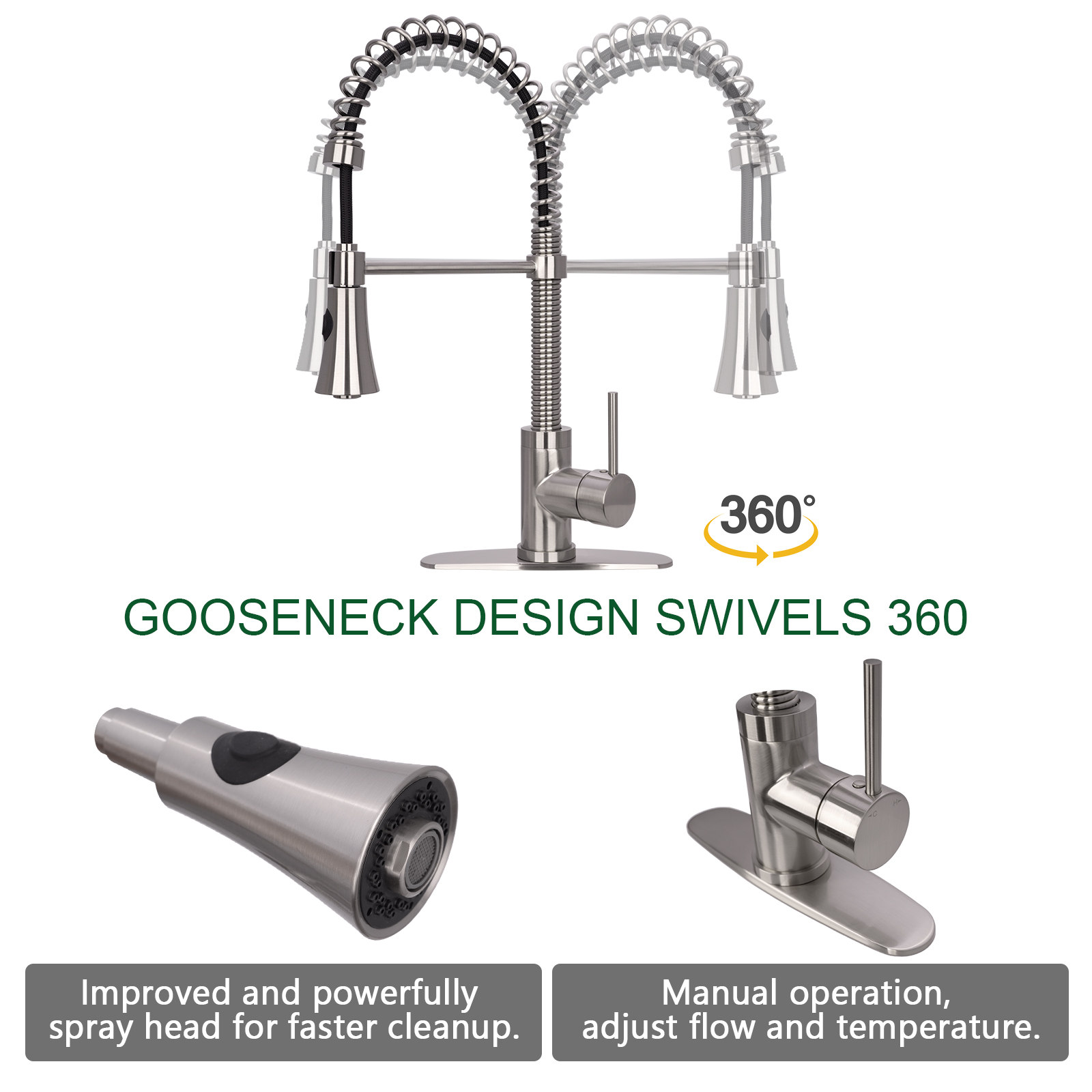 Akicon Pre-Rinse Spring Kitchen Faucet , Single Handle Solid Brass High Arc Pull Down Sprayer Head Kitchen Sink Faucet with Deck Plate - Brushed Nickel