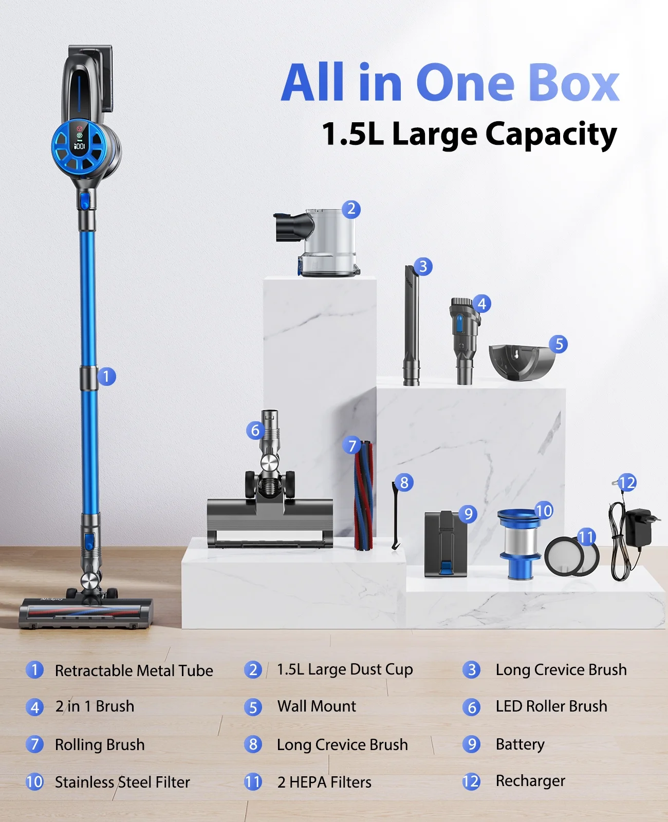 Cordless Vacuum Cleaner, Power Stick Vacuum 450W 36Kpa with Long Runtime Detachable Battery, Vacuum Cleaner with LED Display Lightweight & Quiet, for Pet Hair, Floor, Carpet, 1.5L Dust Cup