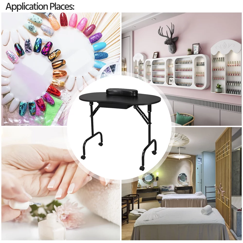 Alden Design Folding Manicure Table with Lockable Wheels and Bag, Black
