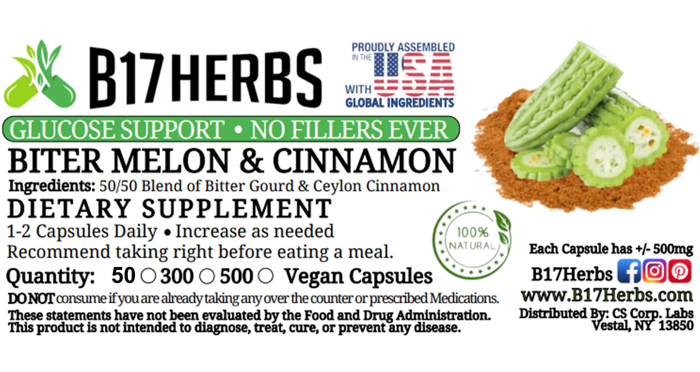 Bitter Melon & Ceylon Cinnamon Special Blend, Honest Herbs -500mg - 50 Veggie Caps