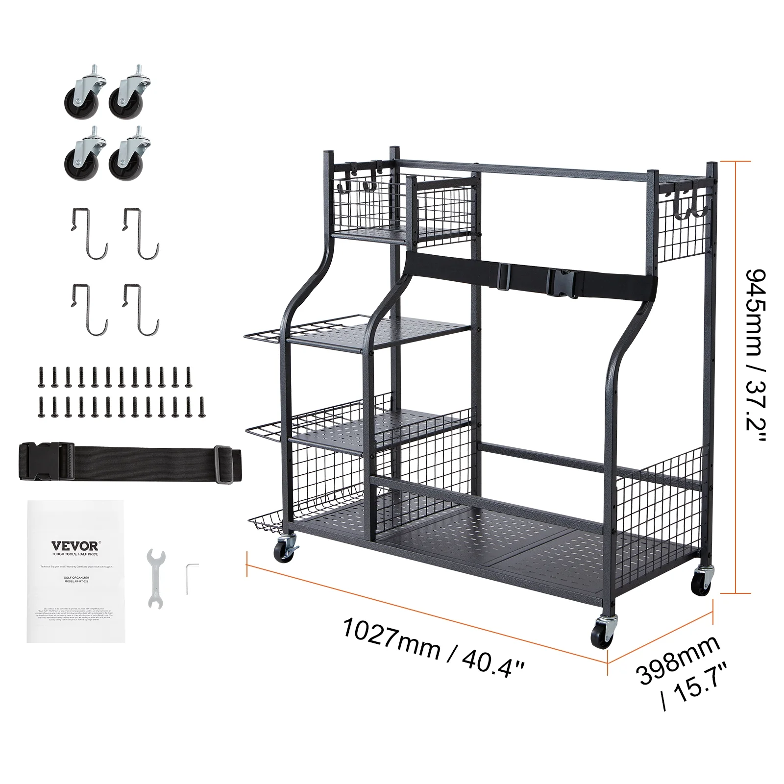 SKYSHALO Golf Storage Garage Organizer 2 Golf Bag Stand Holder Rolling Ball Cart on Wheels, Club Rack Ball Cart ,Outdoor Sport Gear  Toy Storage