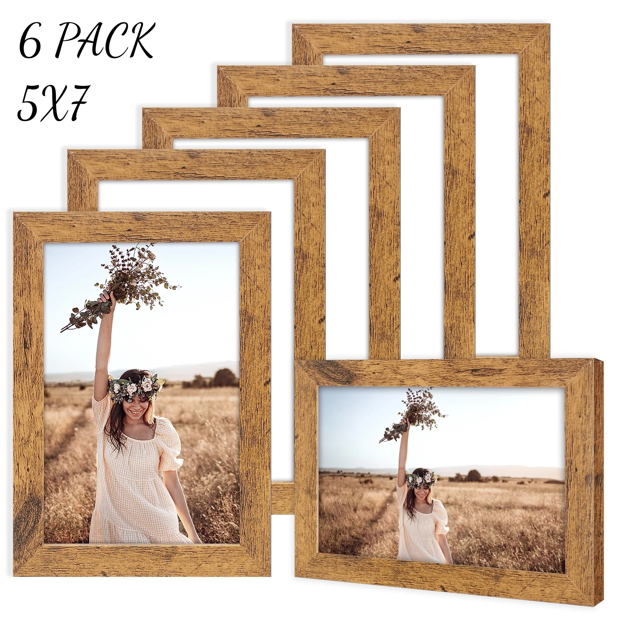 HOUSE DAY 5x7 Picture Frames Set of 6, Rustic Photo Frames Collage for Wall Decor Mounting or Table Display,Home Decorative Wall Gallery Picture Photo Frame Wood Brown,Walnut