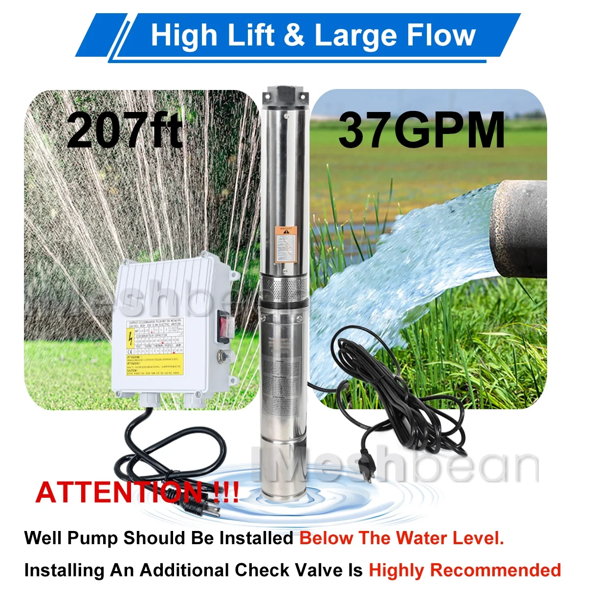 iMeshbean Deep Submersible Well Pump 1HP 220V,207ft Head 33GPM with 100ft Cord,Submersible Well Pump 4