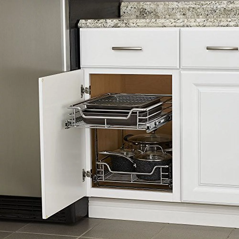 C21521-1 Glidez 2-Tier Sliding Organizer - Dual Pull Out Cabinet Shelf - Chrome - 14.5 Inches Wide