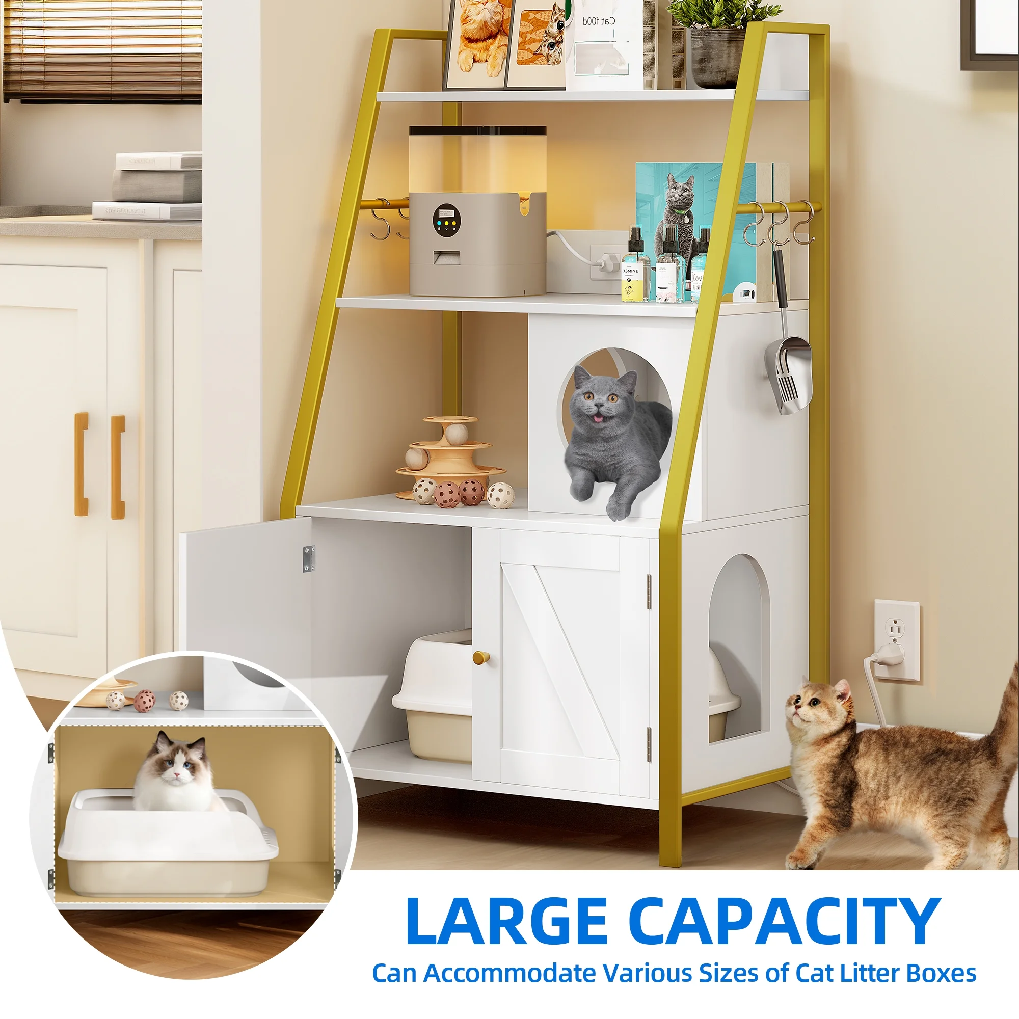 Dextrus Large Hidden Litter Cat Box Enclosure with Charging Station, 3 Shelves and Storage, Indoor Cat Box/House with Cat Tree for Most Litter Box - White & Gold