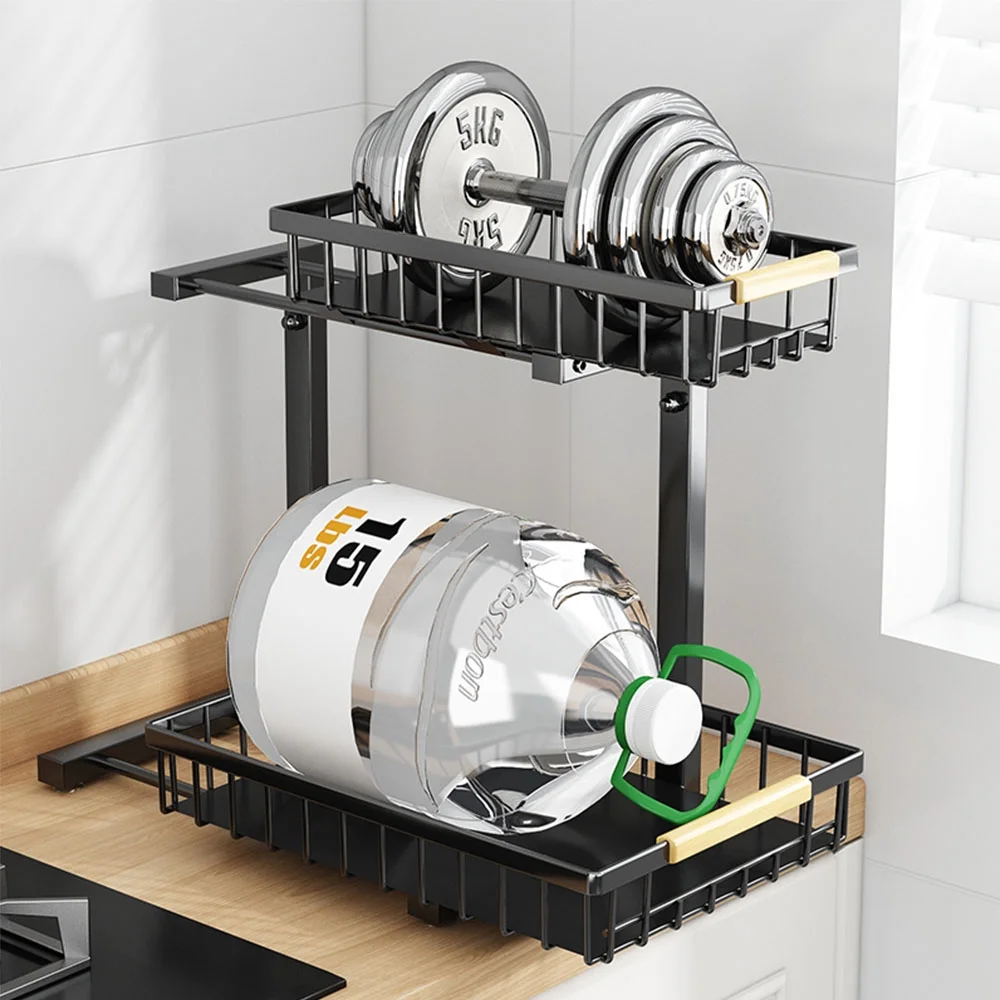 Sensch Under Sink Organizers Stainless Steel Storage 2 Tier Sliding Pull-out Organizer for Bathroom Kitchen, Black