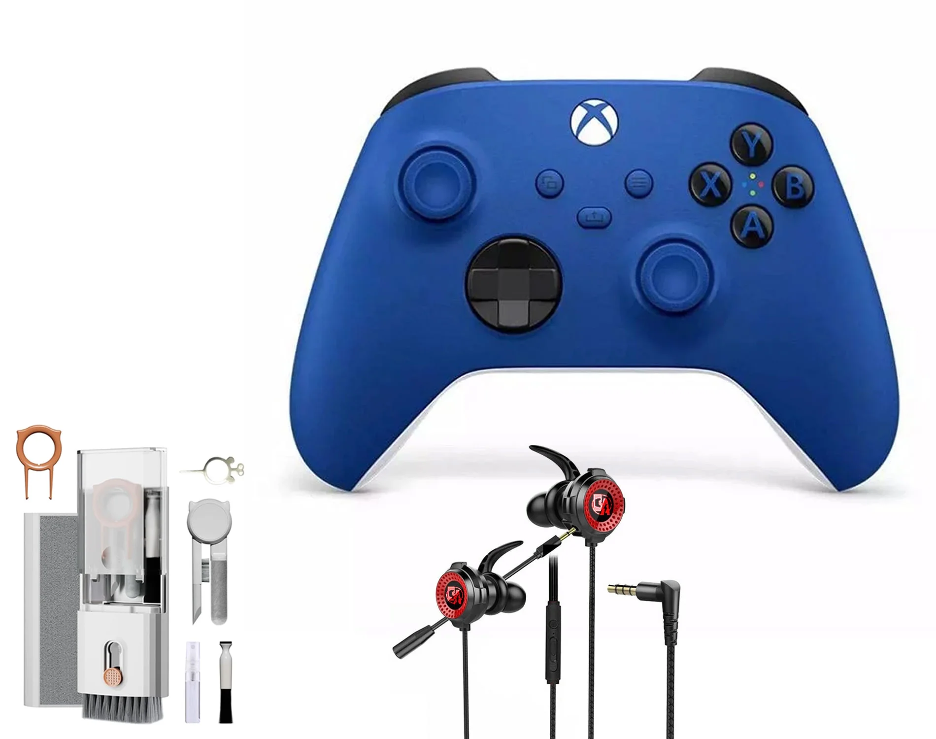 Microsoft Xbox Wireless Shock Blue Controller for Xbox Console + Wired Earbuds With Cleaning Kit BOLT AXTION Bundle Used