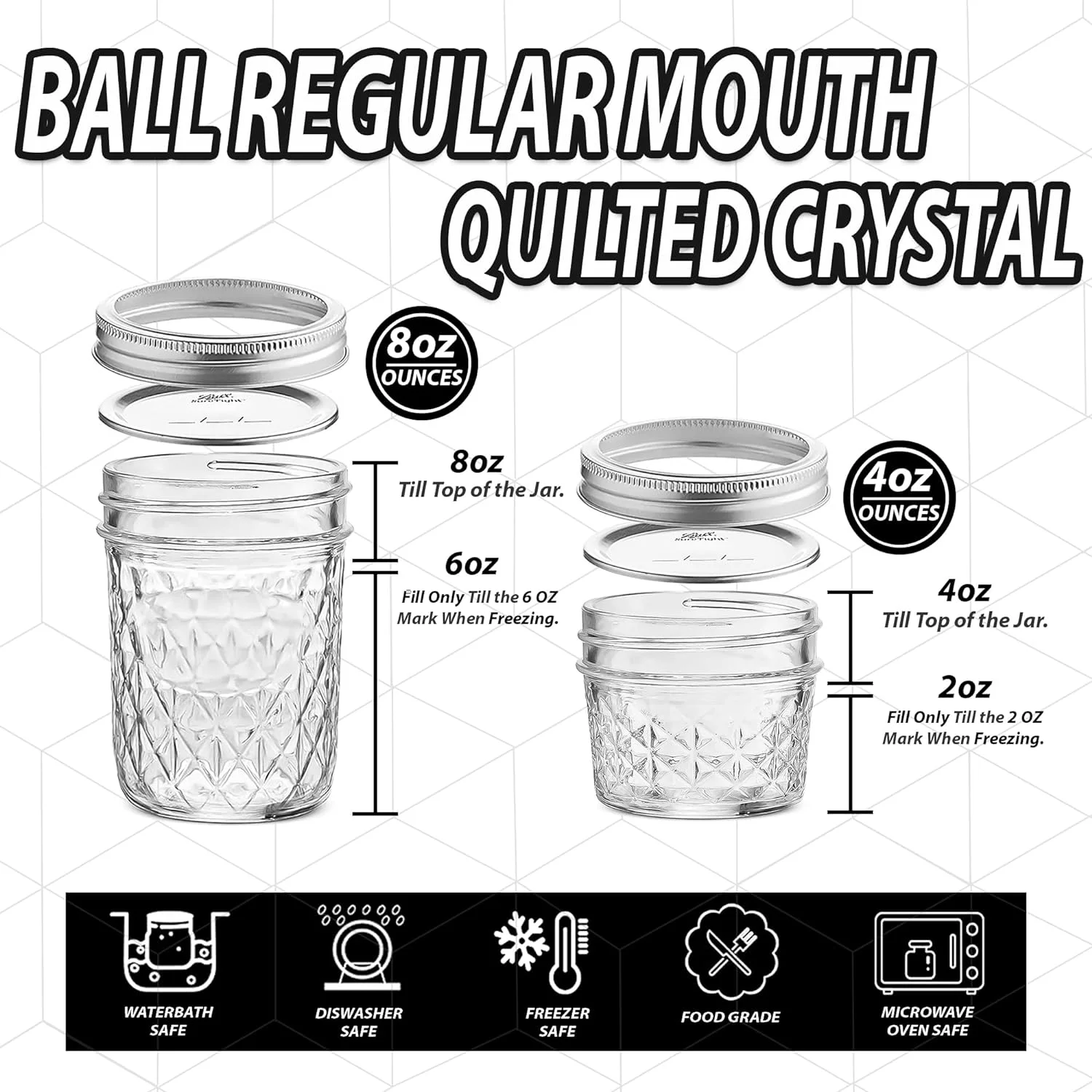 Quilted Crystal Jelly Regular Mouth Mason Jars - (4 Pack) - 2 - Ball 8-Ounce and 2 - Ball 4-Ounce Quilted Crystal Jelly