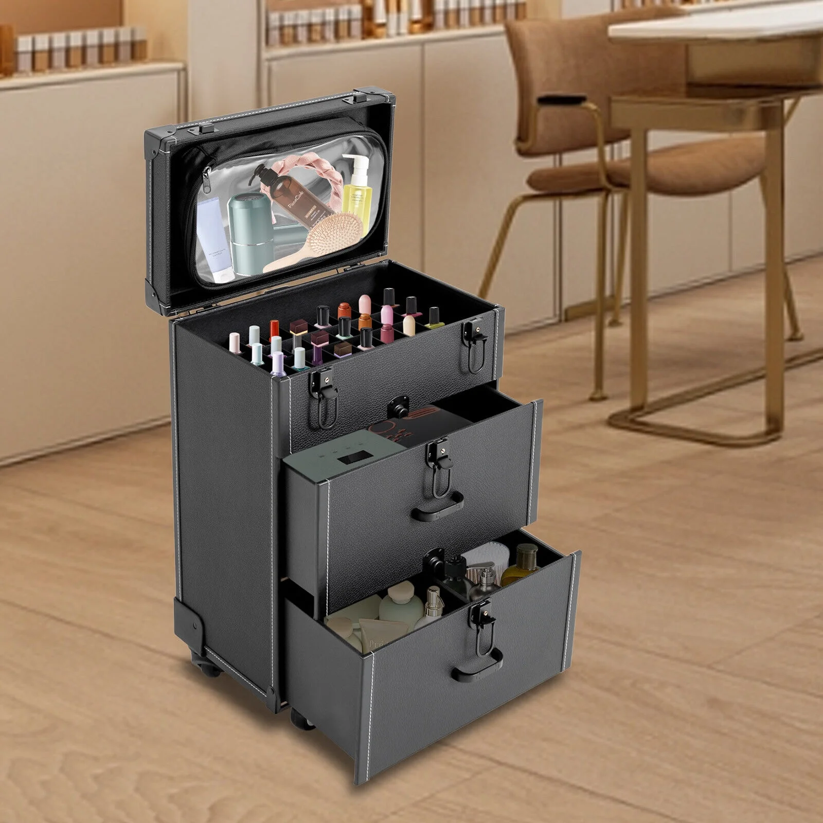 Denest Rolling Train Case Aluminum Trolley Professional Cosmetic Organizer Box w/Drawer