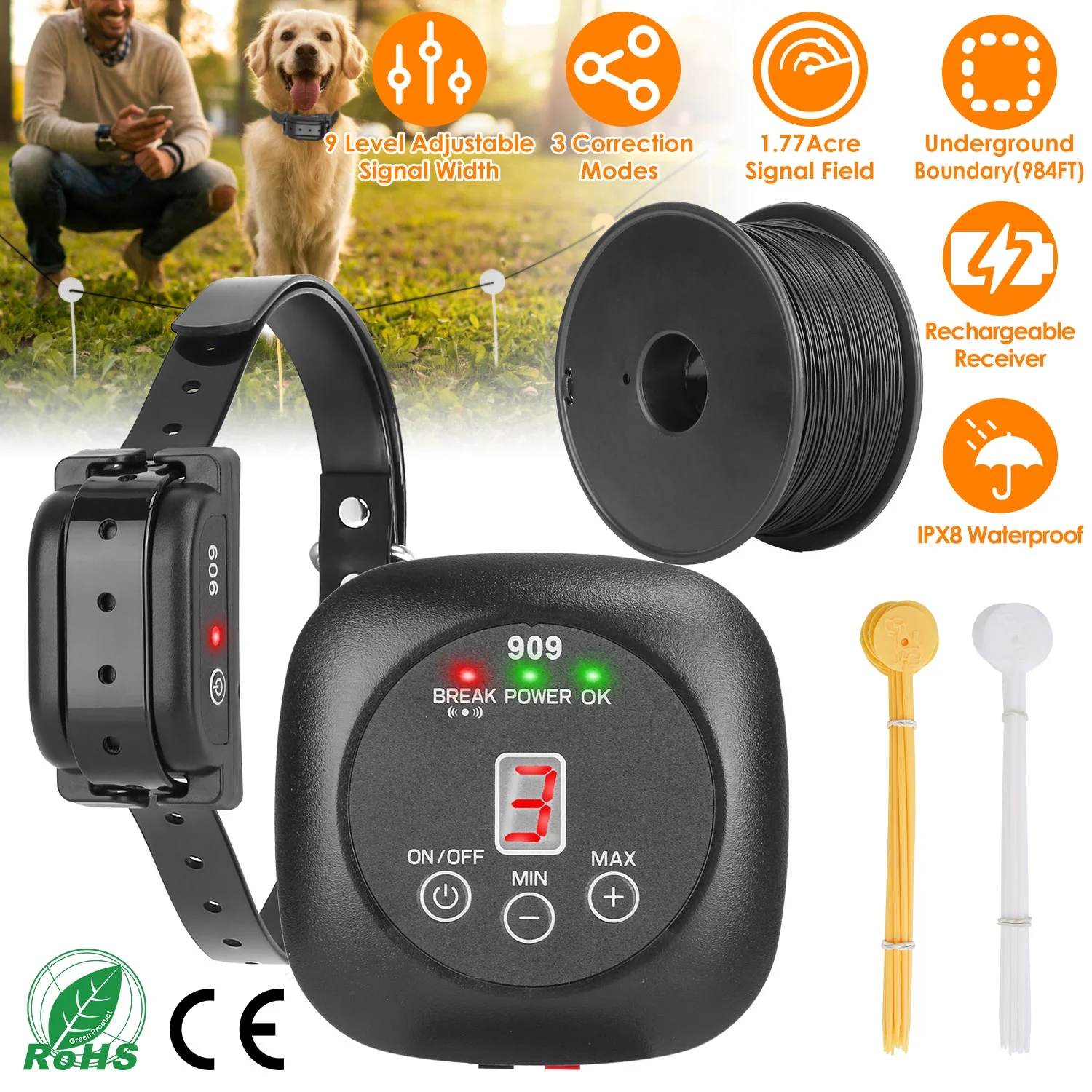 iMounTEK Electric Dog Fence System Pet Containment System with 9 Adjustable Levels IPX8 Waterproof Rechargeable Dog Training Collar for Small Medium Large Dogs, 1 Transmitter 1 Receiver