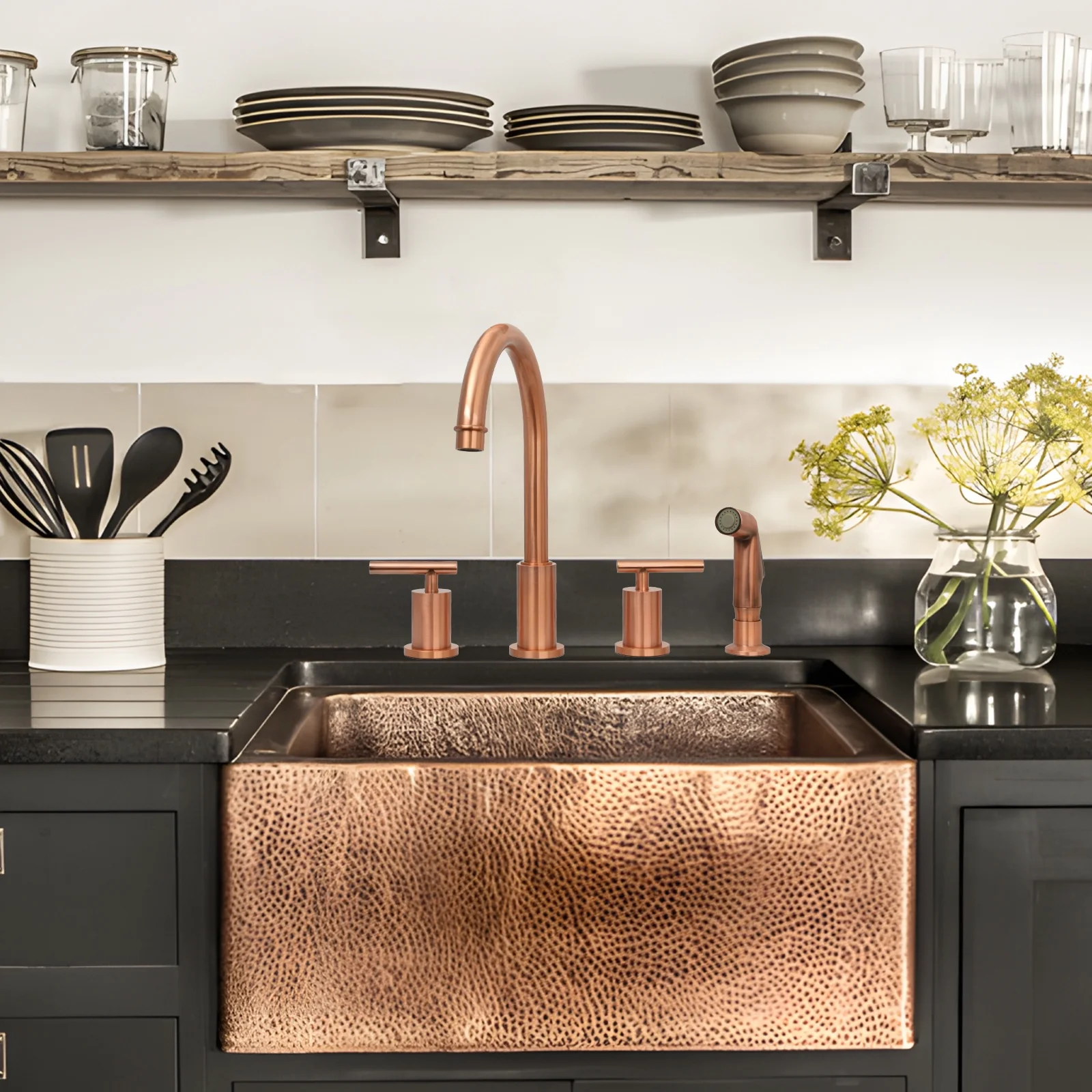 Akicon Two-Handles Copper Widespread Kitchen Faucet with Side Spray - 12.5