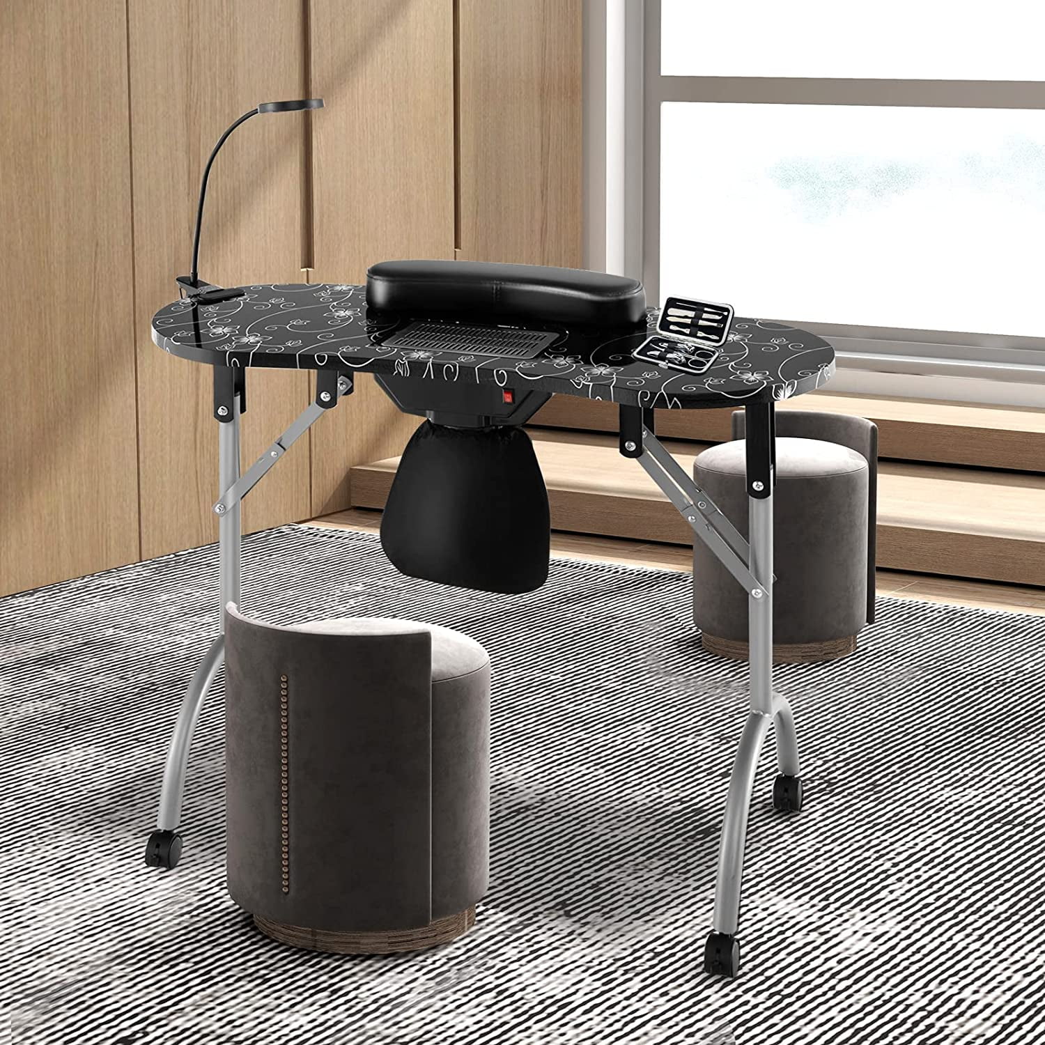 YiSHOP Nail Table for Nail Tech, Portable Manicure Table with Electric Dust Collector, USB-Plug LED Lamp, Wrist Rest, 4 Lockable Wheels, Foldable Nail Desk with Carry Bag (Black)