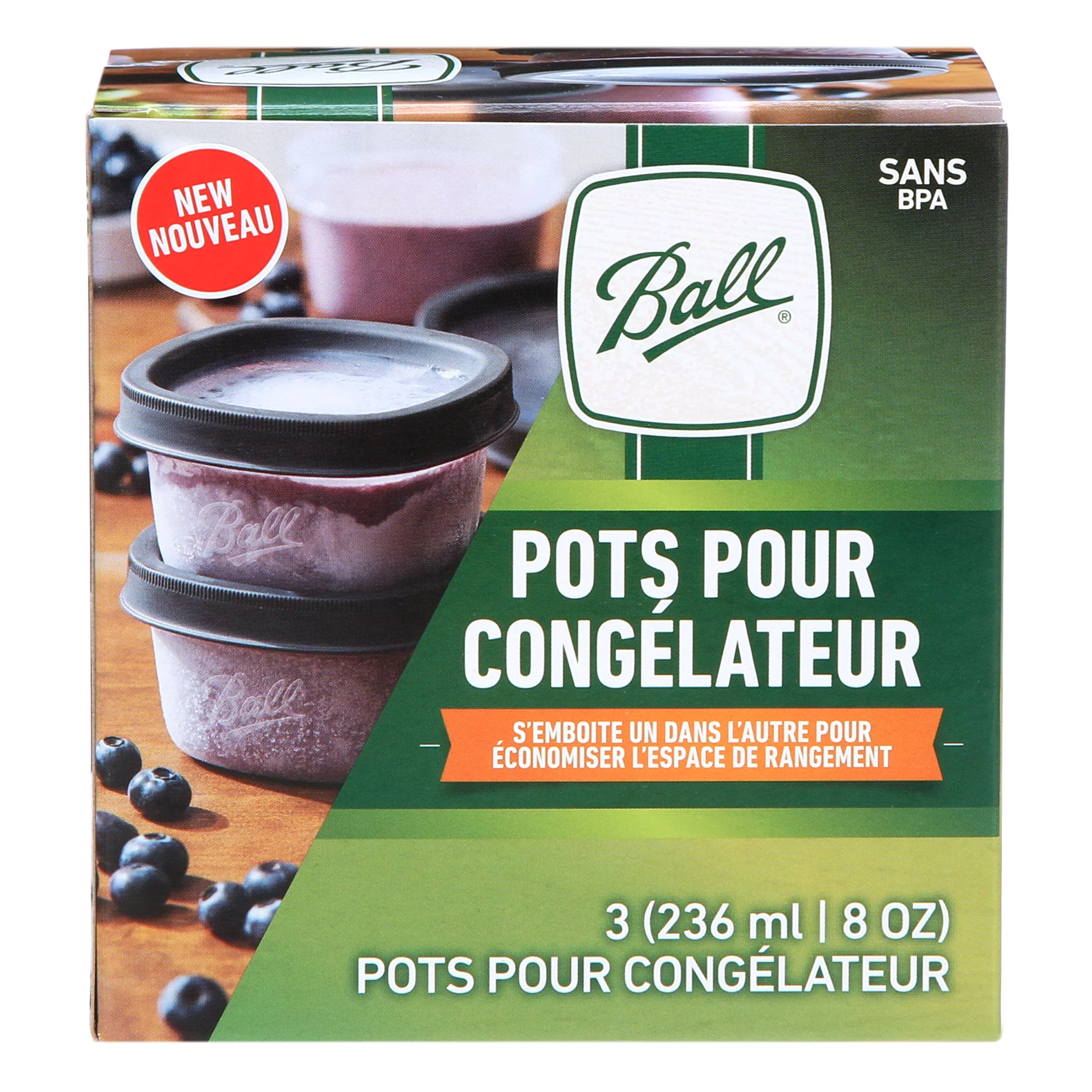 Ball, Freezer Jars, Plastic, Grey, 8 oz, 3 Count