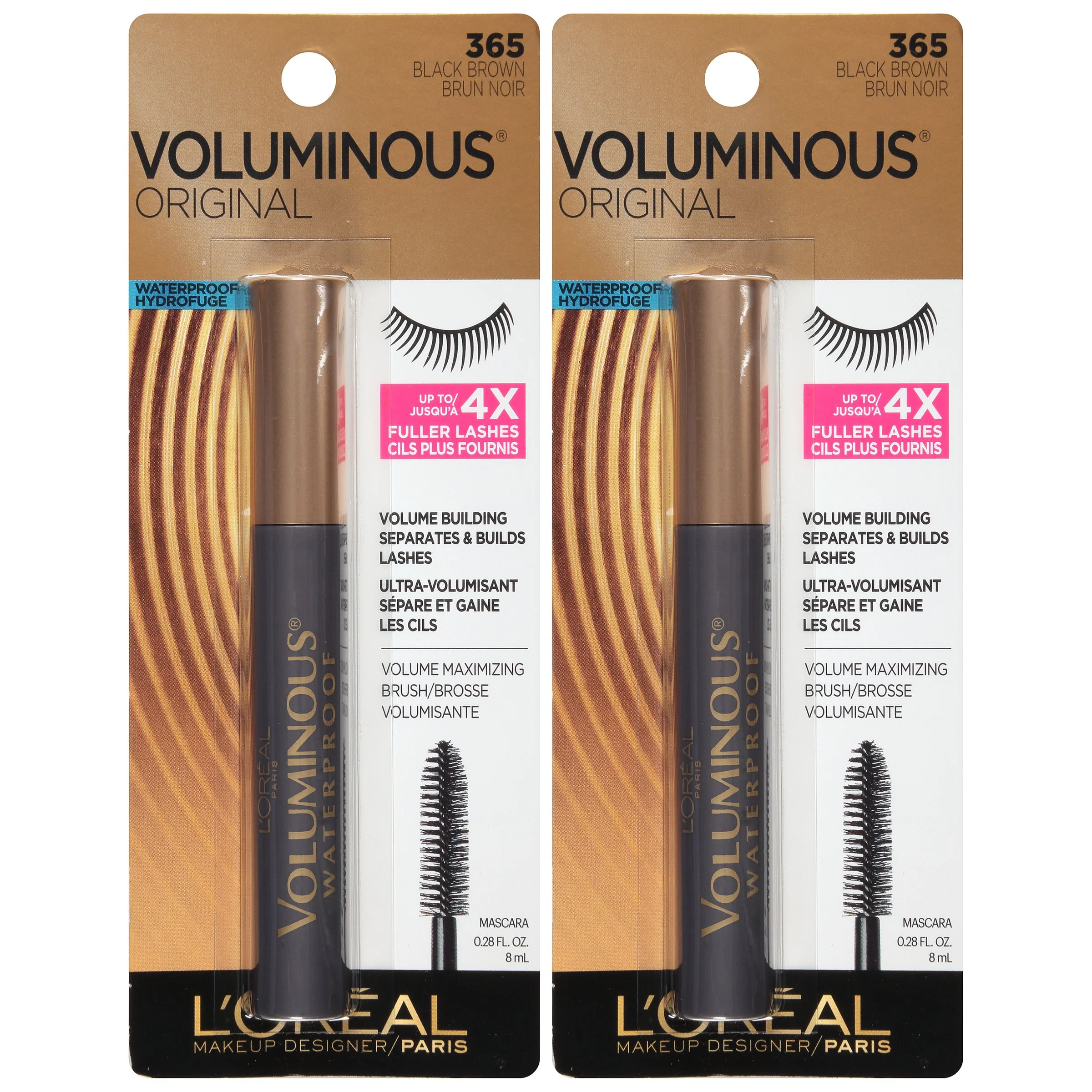 L,Oreal Paris Makeup Voluminous Original Waterproof Mascara, Black Brown, 0.28 Fl Oz (Pack Of 2)