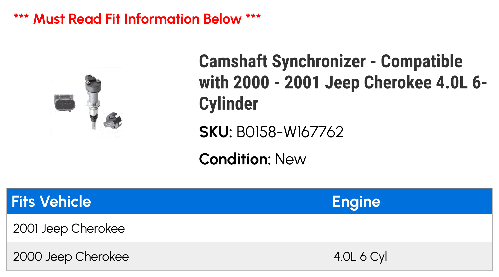 Camshaft Synchronizer - Compatible with 2000 - 2001 Jeep Cherokee 4.0L 6-Cylinder