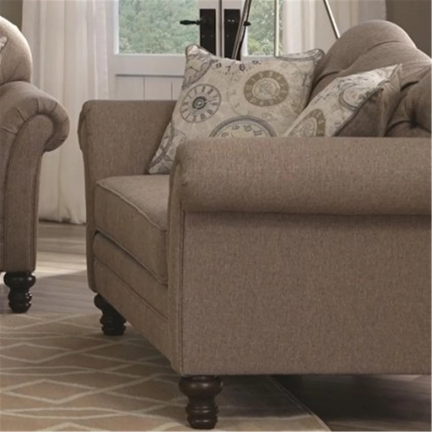 Coaster Carnahan Loveseat with Turned Legs and Rolled Arms Stone Grey-Color:Stone Grey,Finish:Light Espresso,Style:Traditional