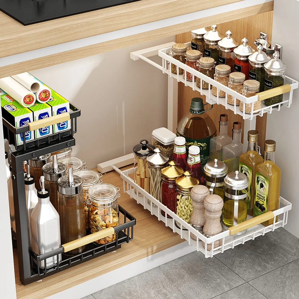 Sensch Under Sink Organizers Stainless Steel Storage 2 Tier Sliding Pull-out Organizer for Bathroom Kitchen, Black