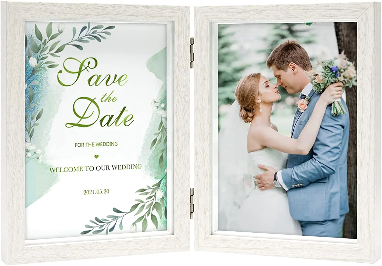 Afuly Double Picture Frame 5x7 White Photo Frames Collage 2 Openings Wooden Hinged Elegant Unique Gifts for Wedding Housewarming Anniversary