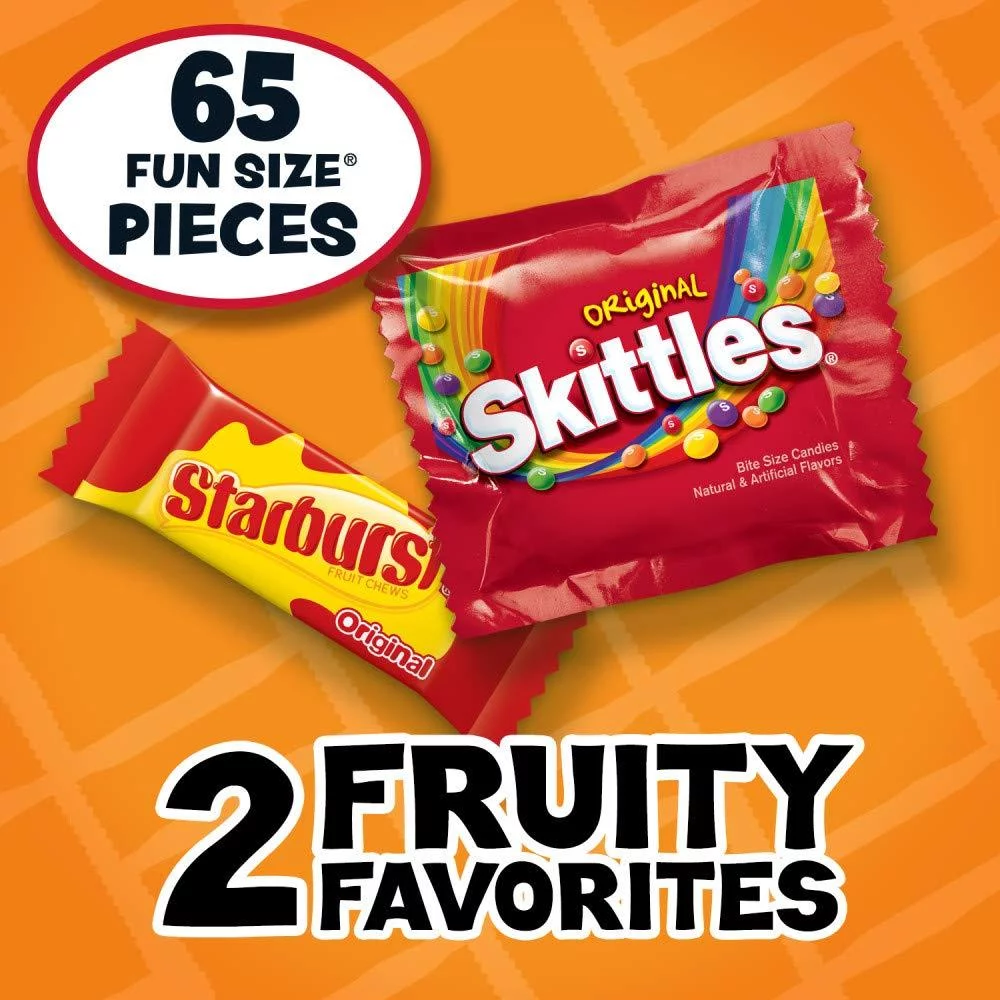 skittles & starburst halloween candy fun size variety mix 31.9-ounce bag, 65 pieces