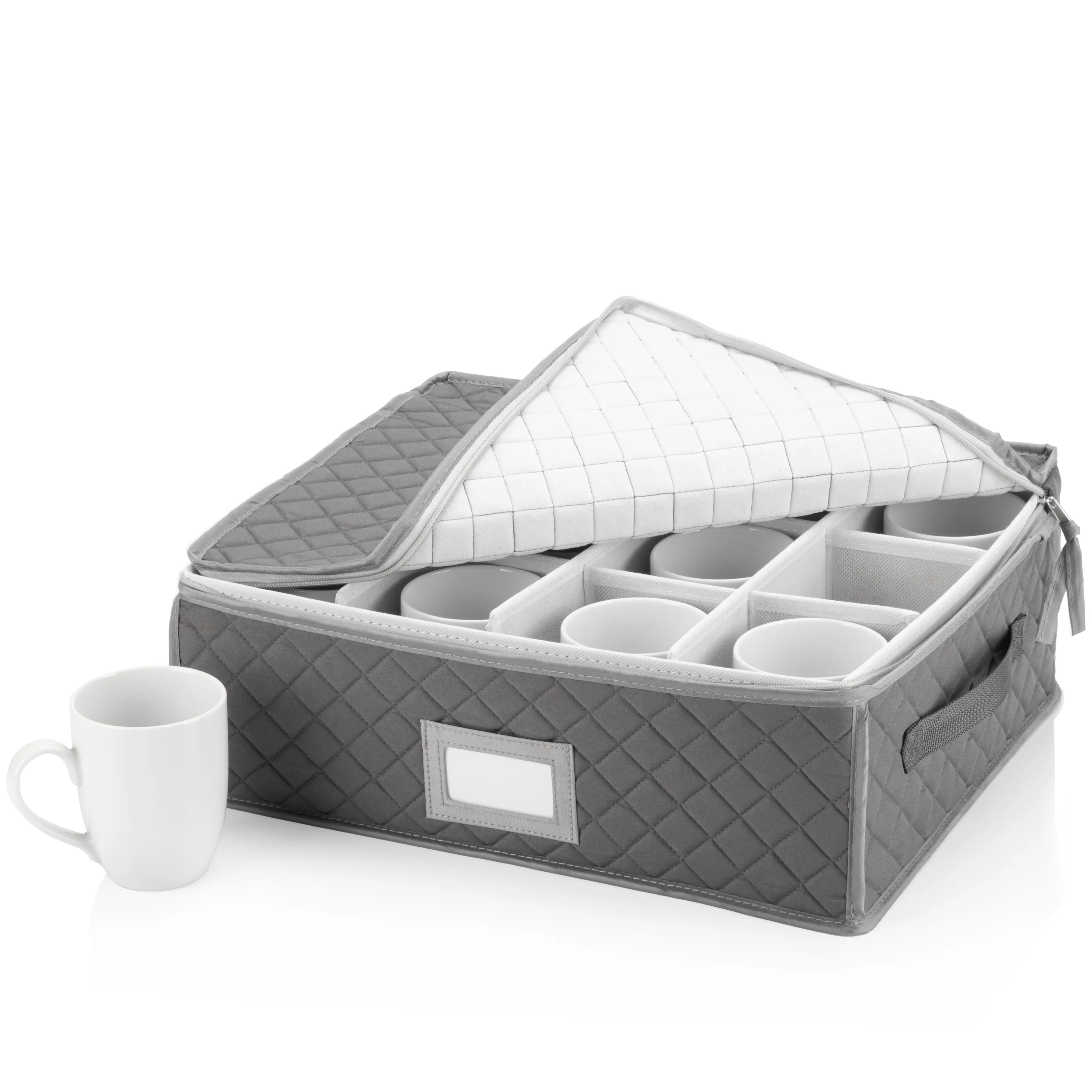 China Cup Storage Chest - Quilted Fabric Container in Gray Measuring 16