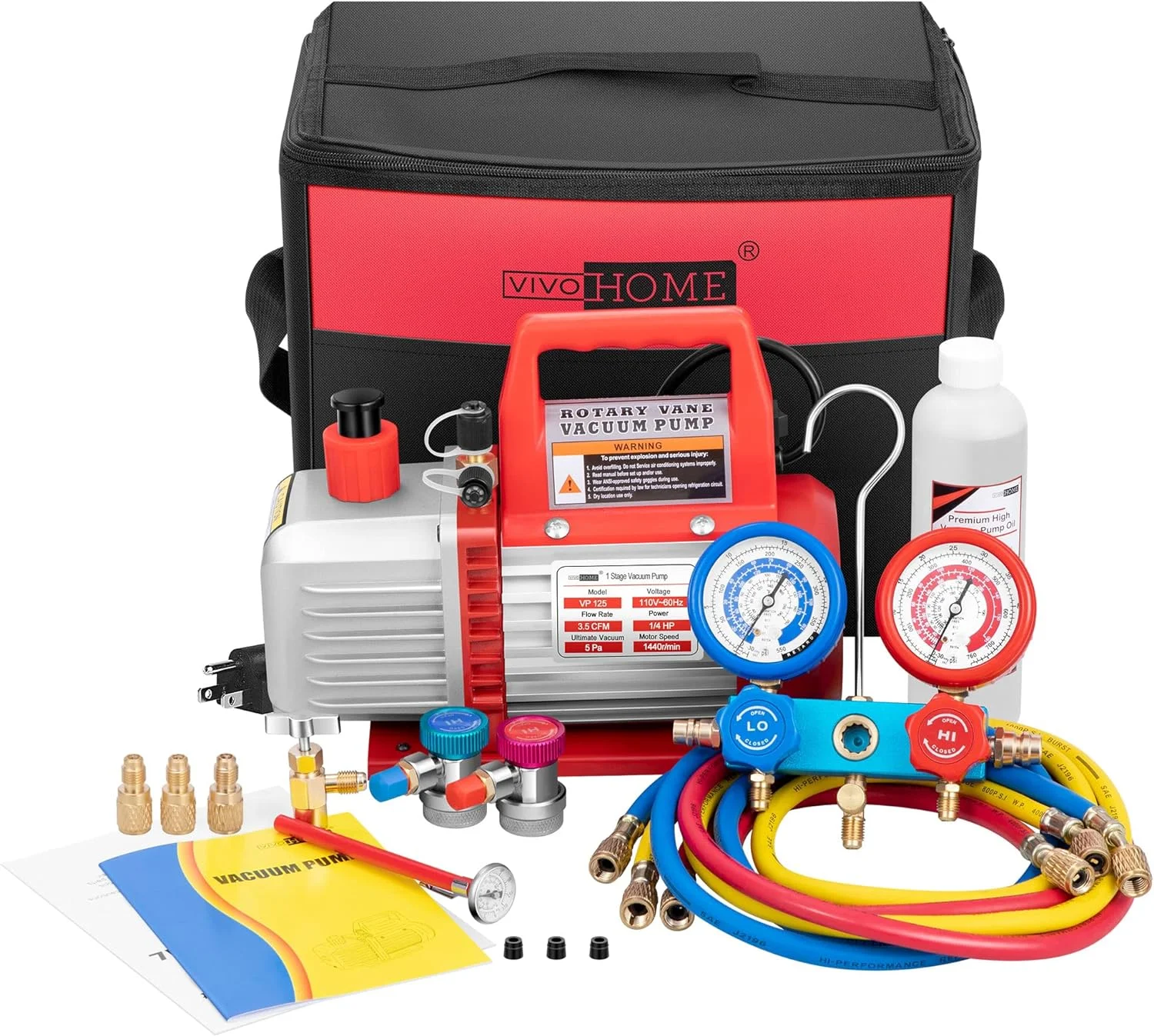 SPECSTAR 110V 1/4 HP 3.5CFM Single Stage Rotary Vane Air Vacuum Pump and AC Manifold Gauge Set Kit with Thermometer for R134a R12 R22 R502 R410a HVAC Air Conditioning Refrigeration Recharging Red