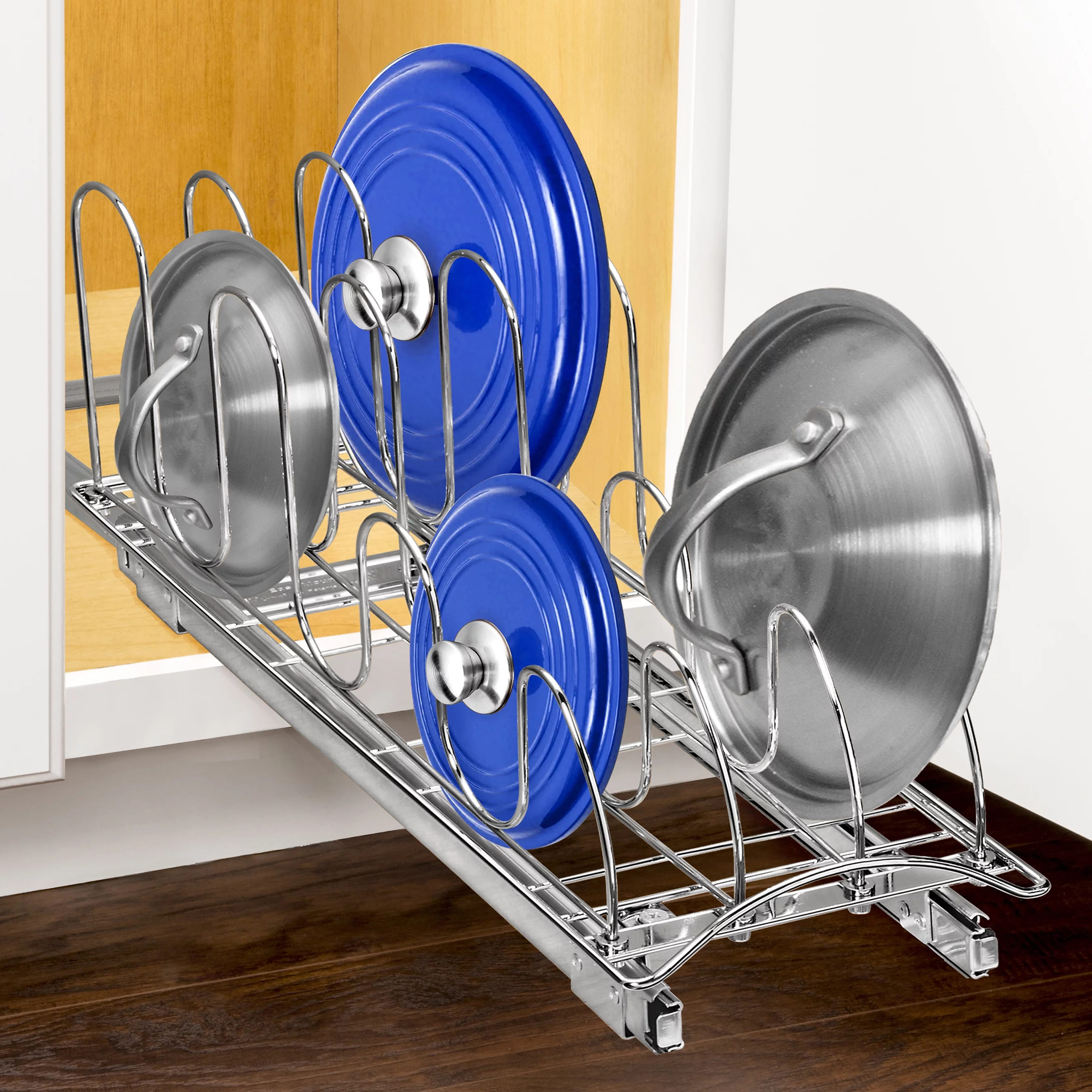 LYNK PROFESSIONAL® Slide Out Pan and Pot Lid Organizer for Cabinet - Pull Out Lid Organizer for Cabinet - Lifetime Limited Warranty - 7.25 inch wide x 21 inch deep - Chrome