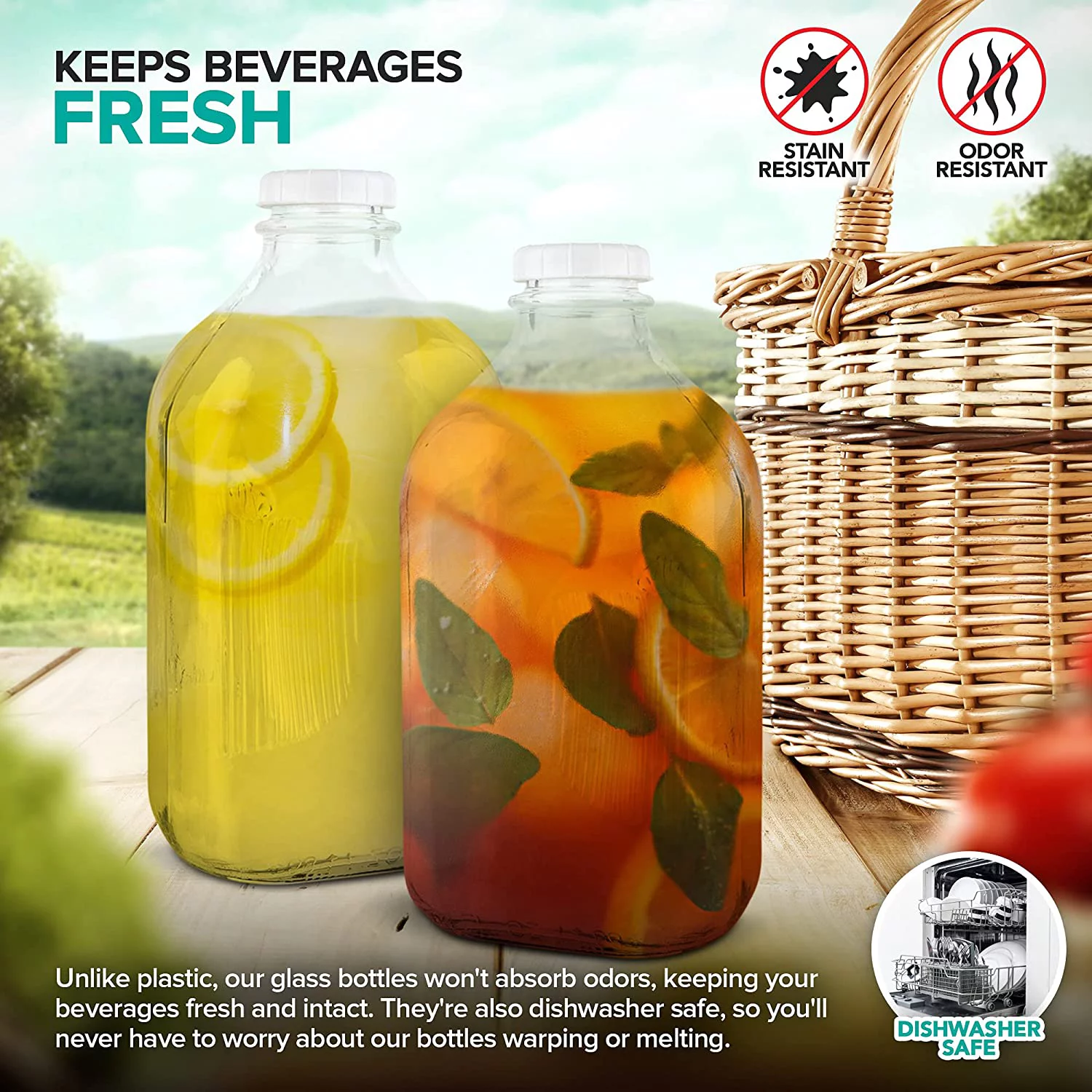 64-Oz Glass Milk Bottles with 3 White Caps (1 Count ) - Food Grade Glass Bottles - Dishwasher Safe - Bottles for Milk, Buttermilk, Honey, Tomato Sauce, Jam, Barbecue Sauce -Stock Your Home