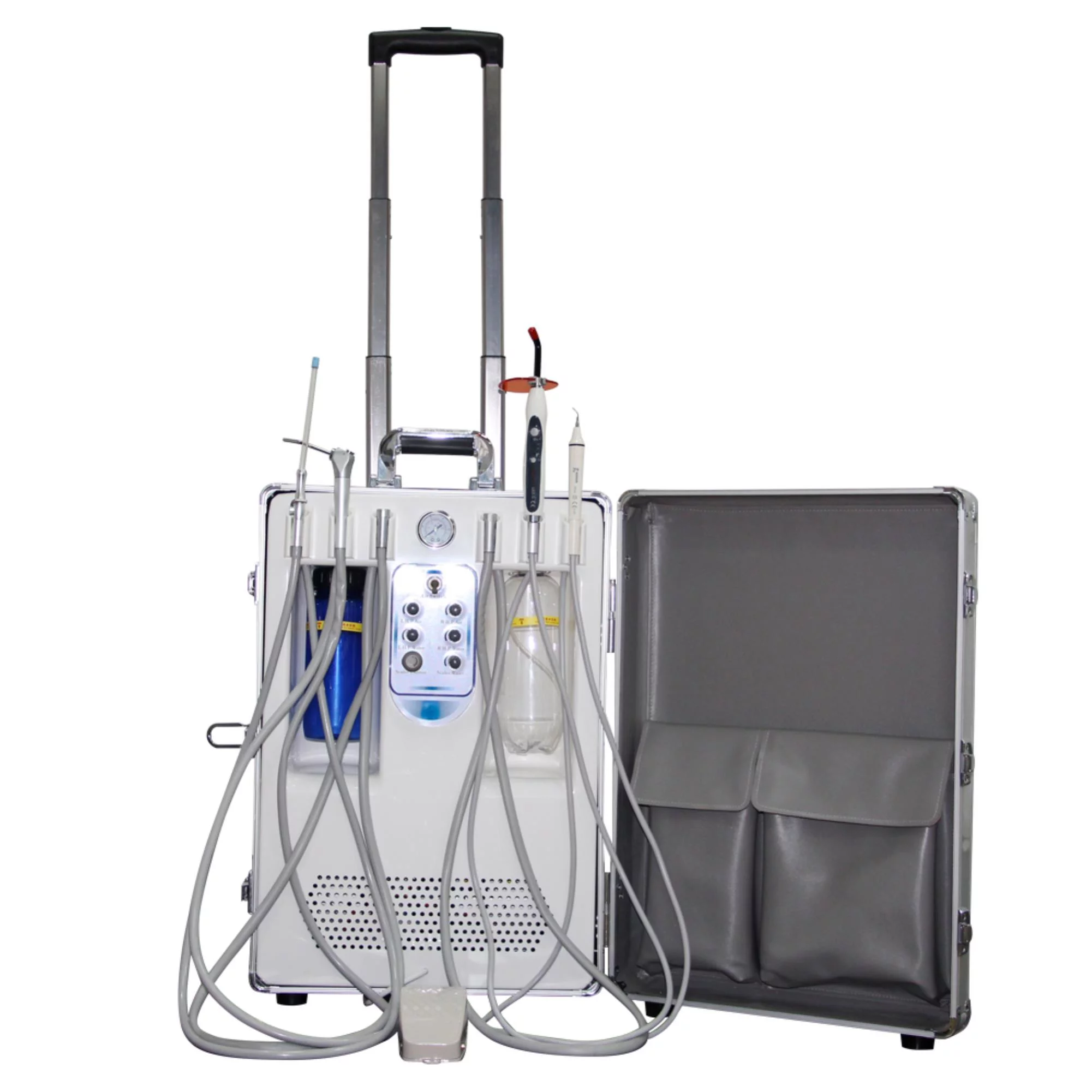 Portable Dental Delivery Unit with LED Curing Light, Ultrasonic Scaler, and Air Compressor - 4 Hole Mobile Design