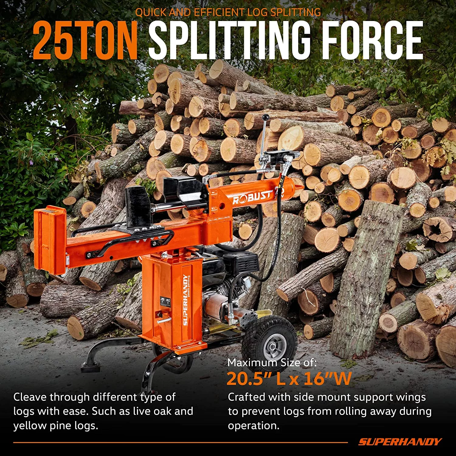 SuperHandy Gas-Powered Log Splitter - 7HP 209CC 25 Ton Hydraulic System 16