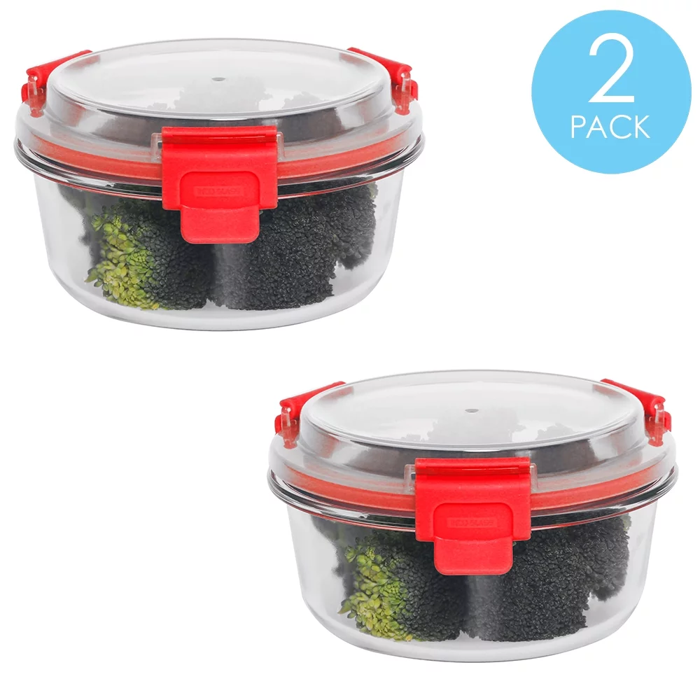 13 oz. Round Leak and Spill Proof Borosilicate Glass Food Storage Dishwasher Safe Meal Prep Storage Container with Air-tight Plastic Lid, Red